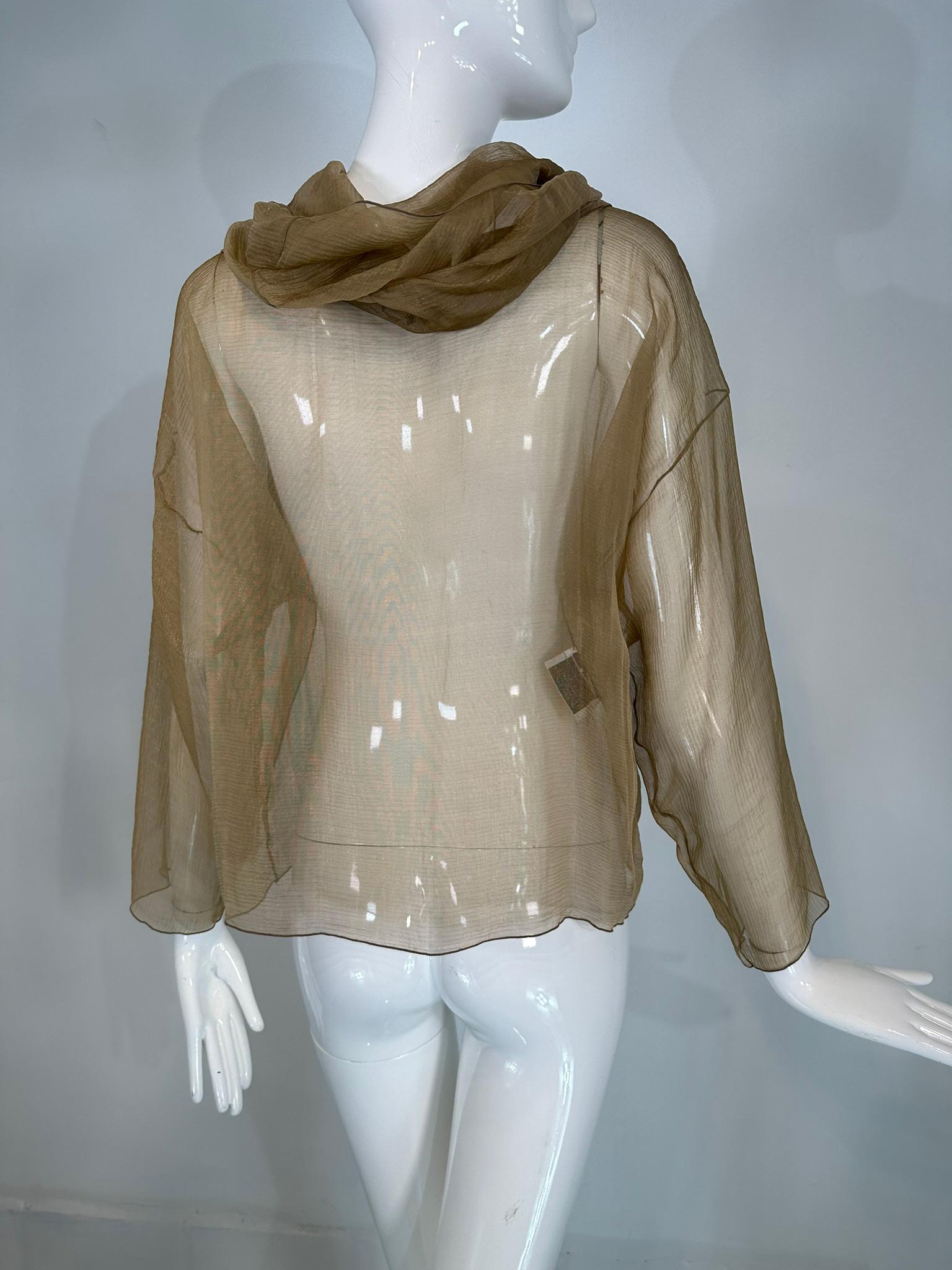 Zoran Vintage Gold Metallic Sheer Silk Draped Turtle Neck Long Sleeve Top For Sale 3