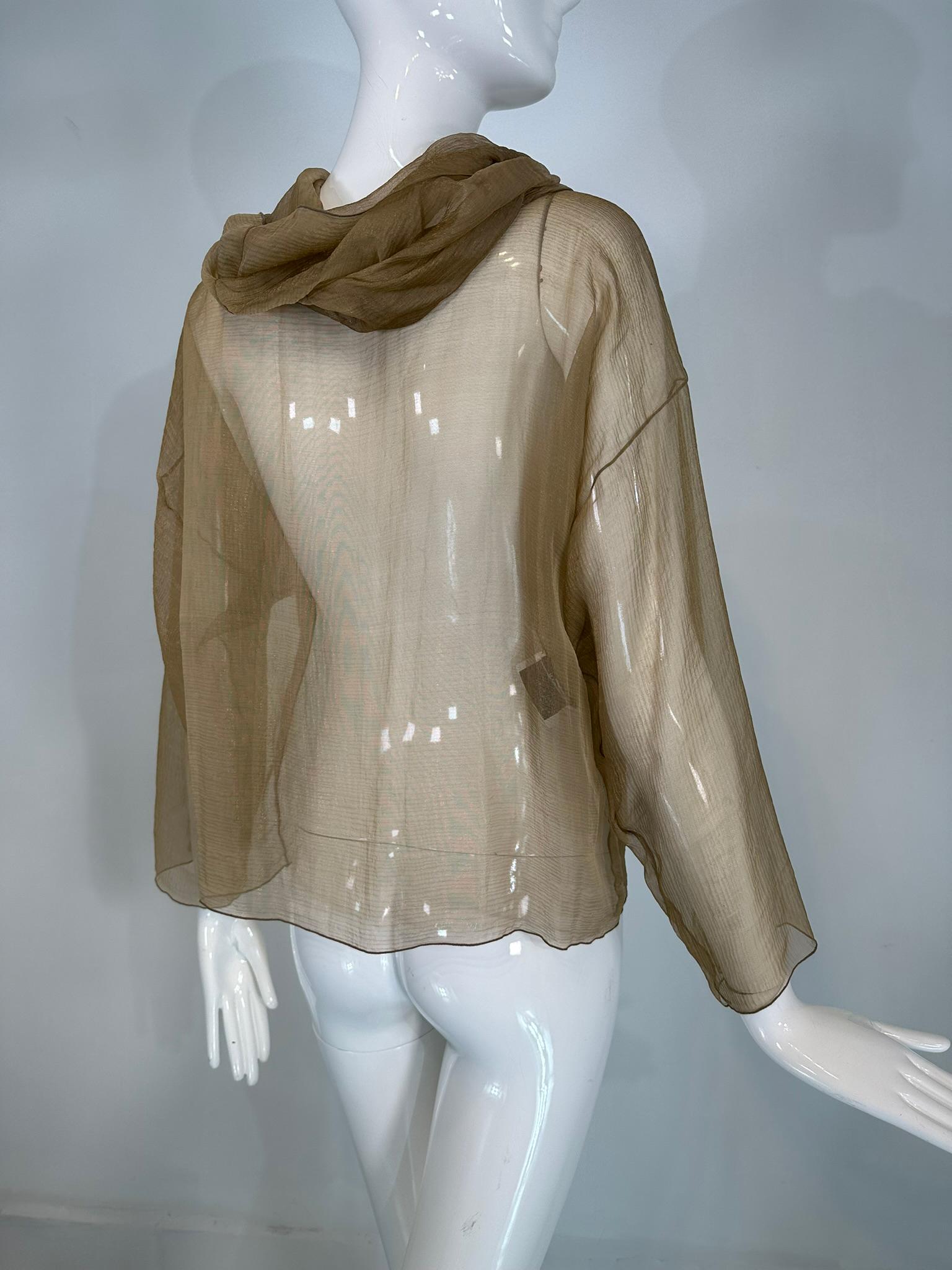 Zoran Vintage Gold Metallic Sheer Silk Draped Turtle Neck Long Sleeve Top For Sale 4