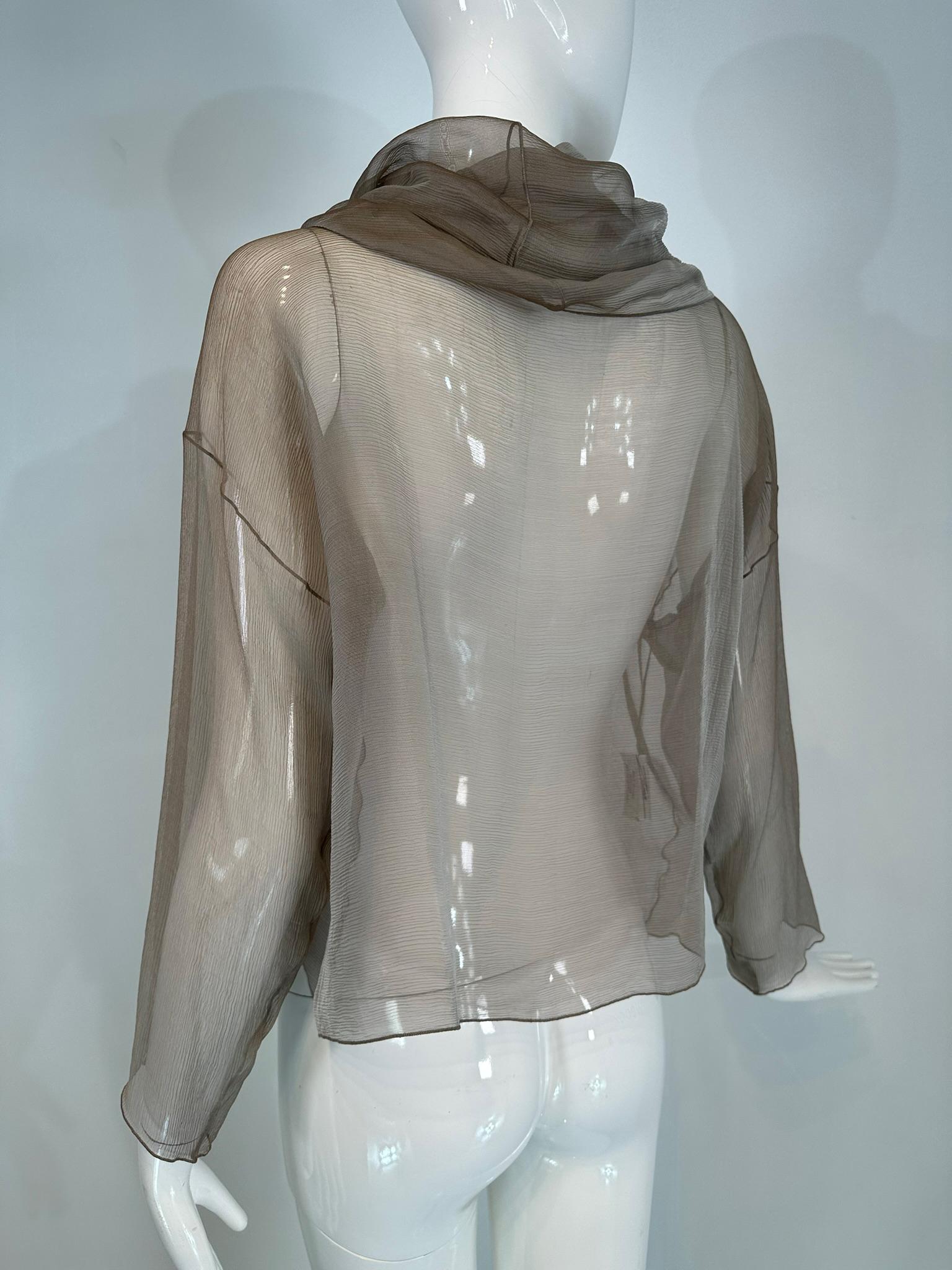 Zoran Vintage Silvery Taupe Sheer Silk Draped Turtle Neck Long Sleeve Top For Sale 5