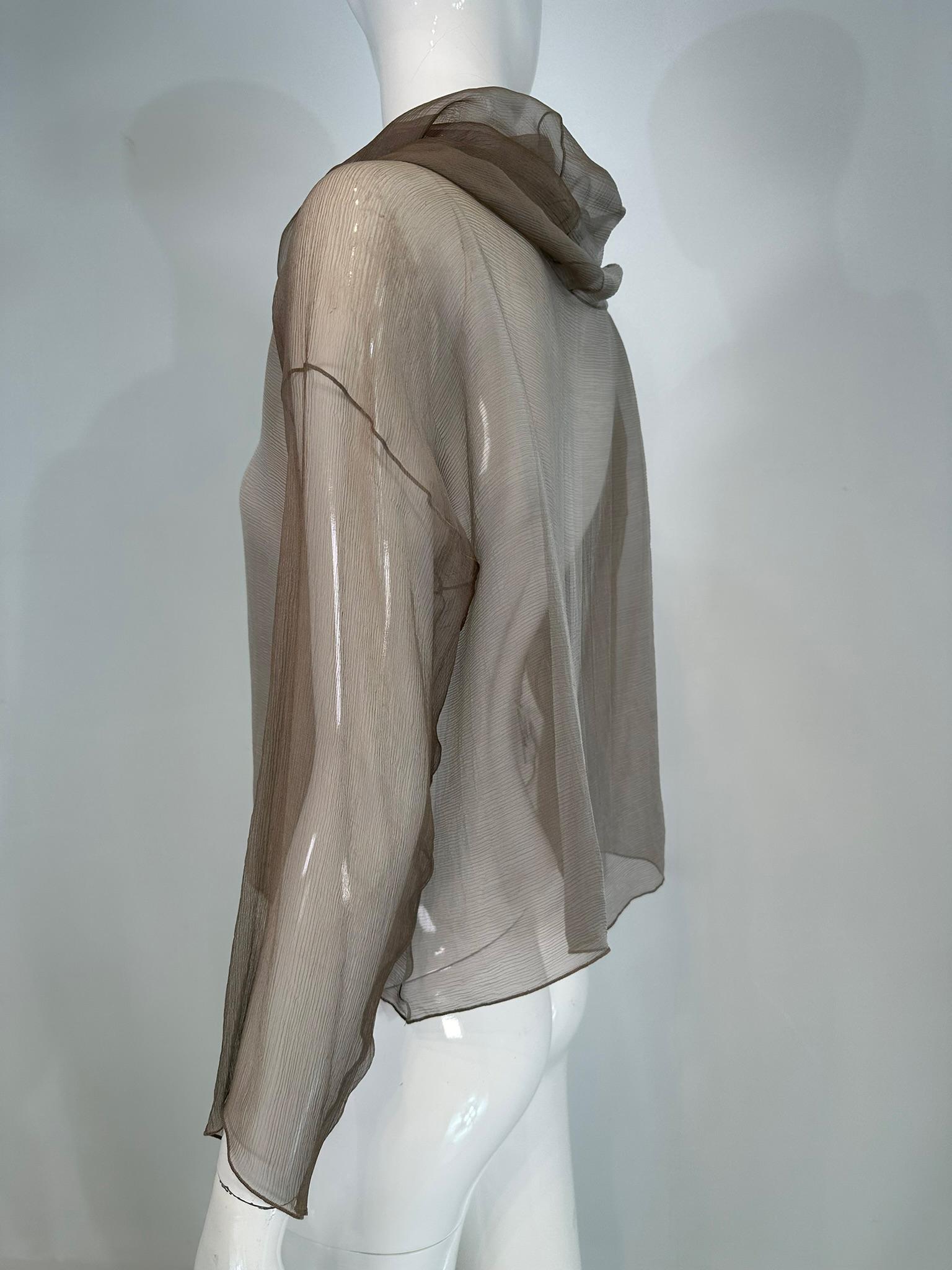 Zoran Vintage Silvery Taupe Sheer Silk Draped Turtle Neck Long Sleeve Top For Sale 6
