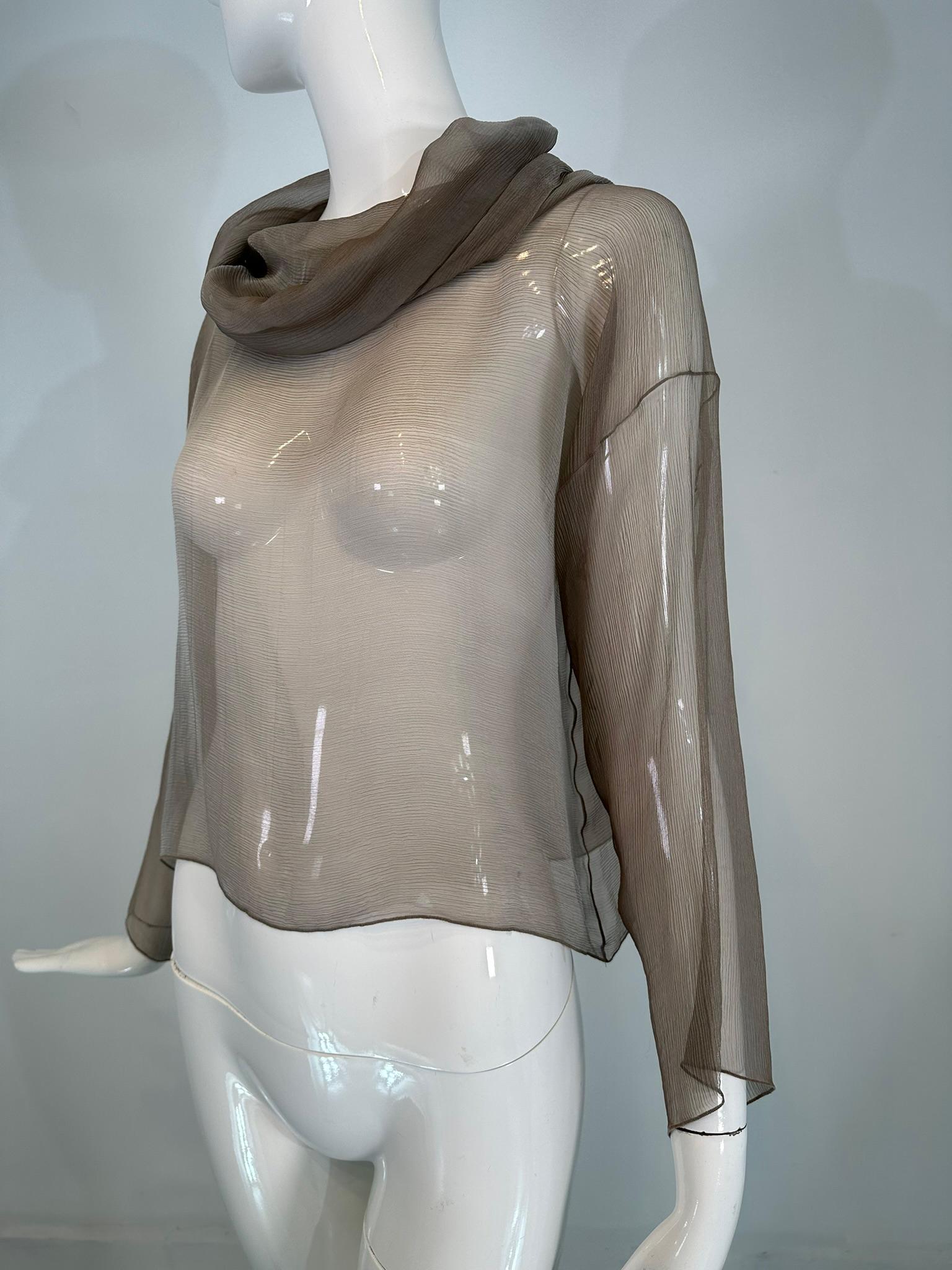 Zoran Vintage Silvery Taupe Sheer Silk Draped Turtle Neck Long Sleeve Top For Sale 8
