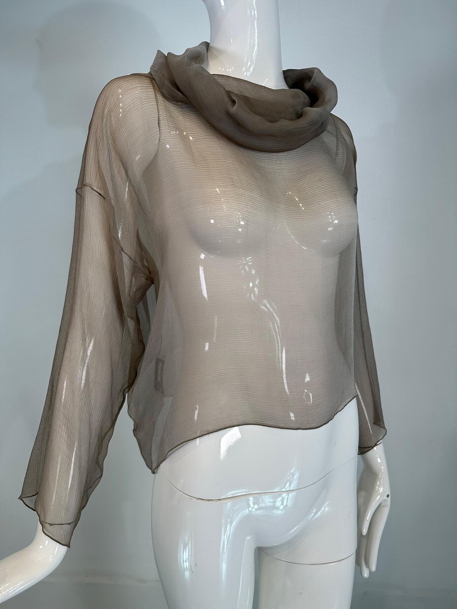 Gray Zoran Vintage Silvery Taupe Sheer Silk Draped Turtle Neck Long Sleeve Top For Sale
