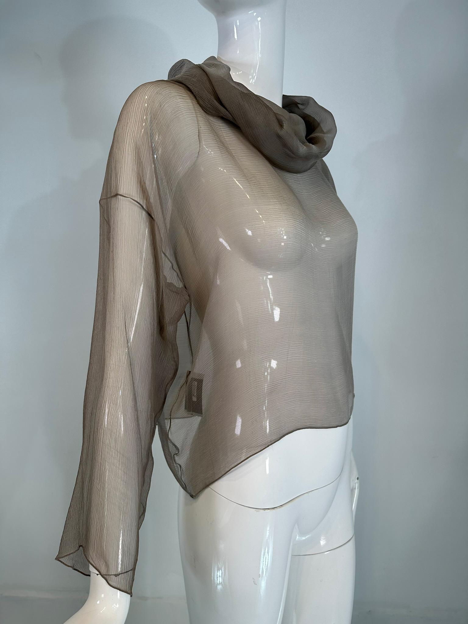 Zoran Vintage Silvery Taupe Sheer Silk Draped Turtle Neck Long Sleeve Top In Good Condition For Sale In West Palm Beach, FL