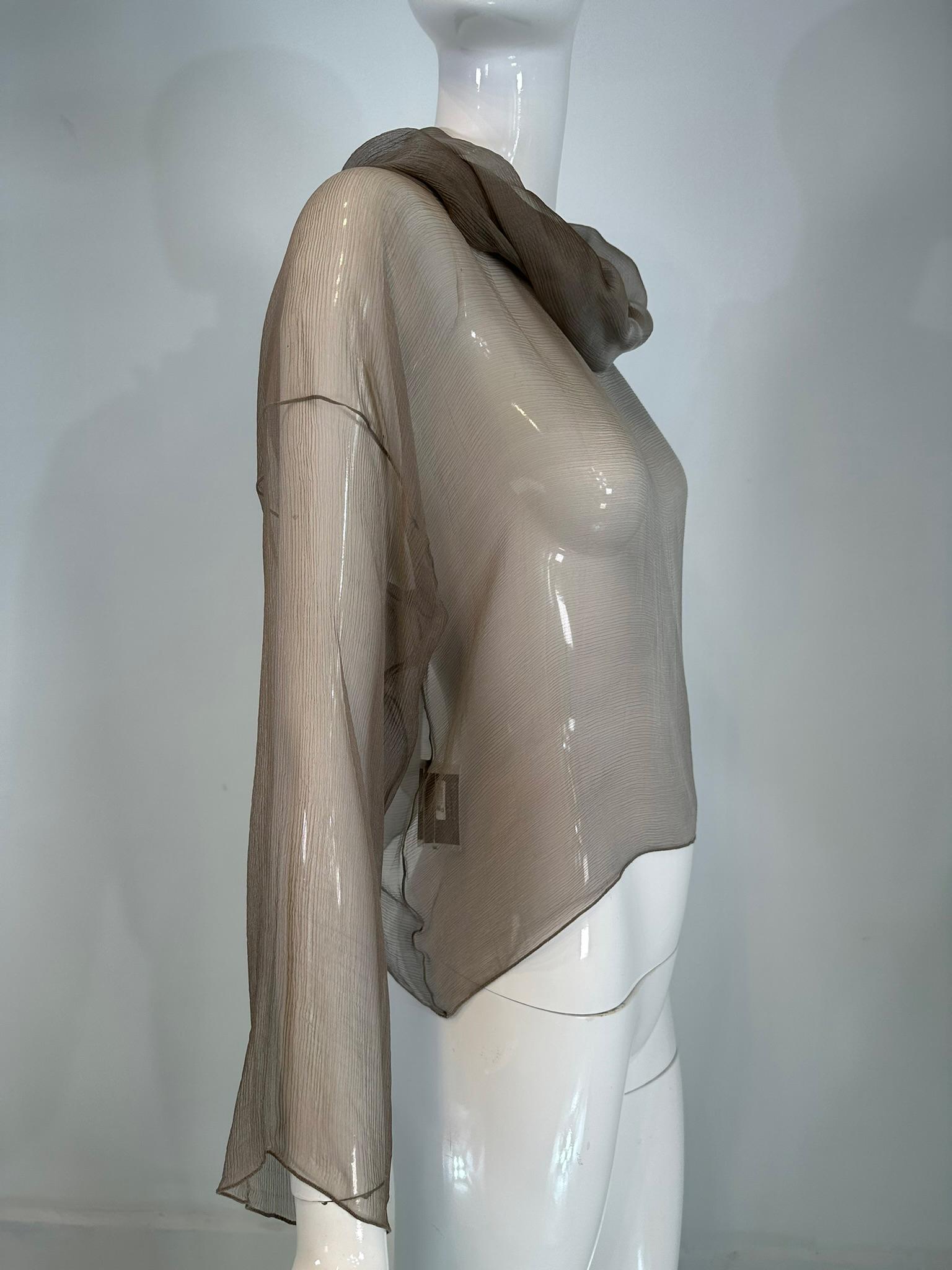 Women's Zoran Vintage Silvery Taupe Sheer Silk Draped Turtle Neck Long Sleeve Top For Sale