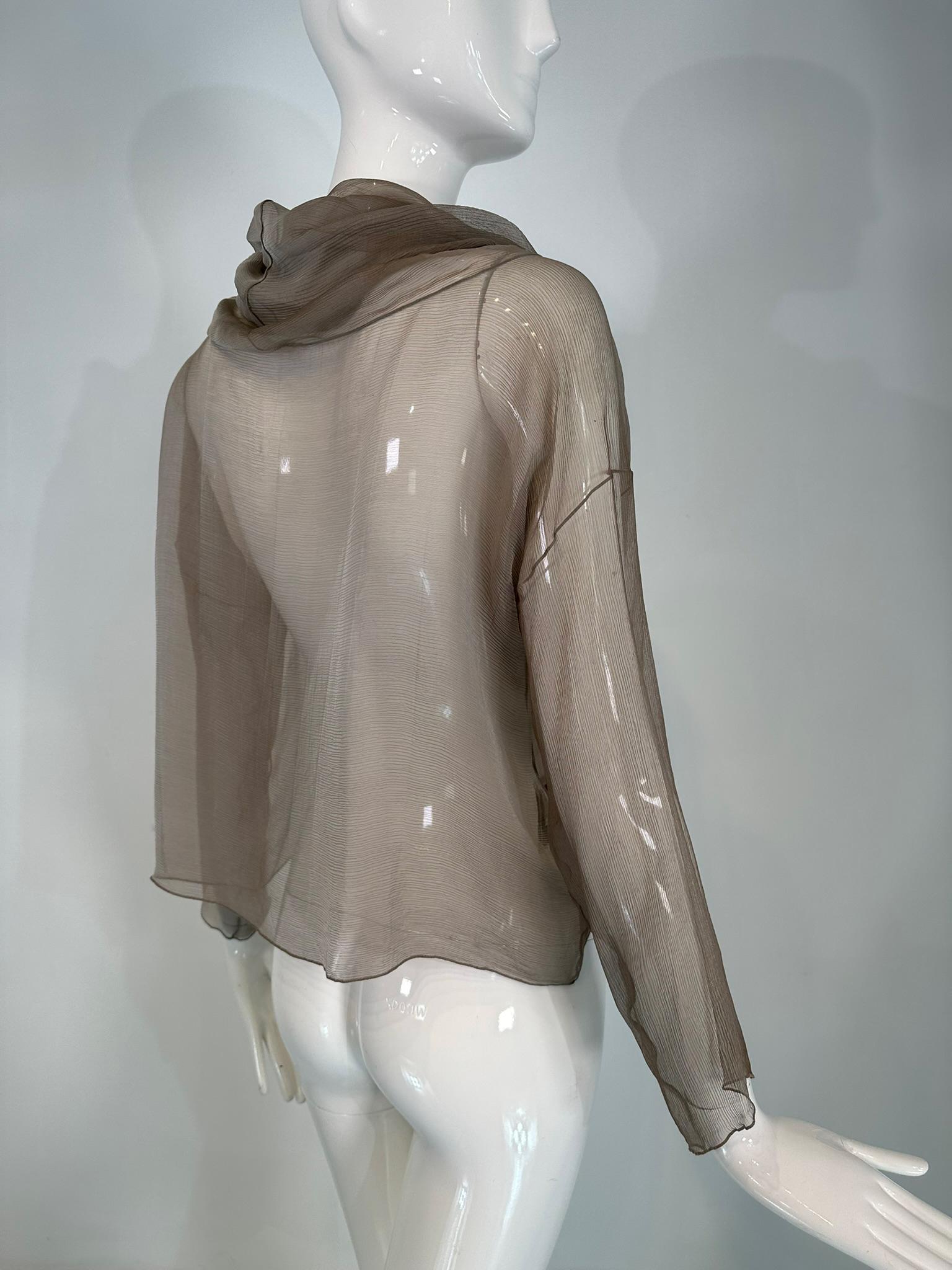 Zoran Vintage Silvery Taupe Sheer Silk Draped Turtle Neck Long Sleeve Top For Sale 1