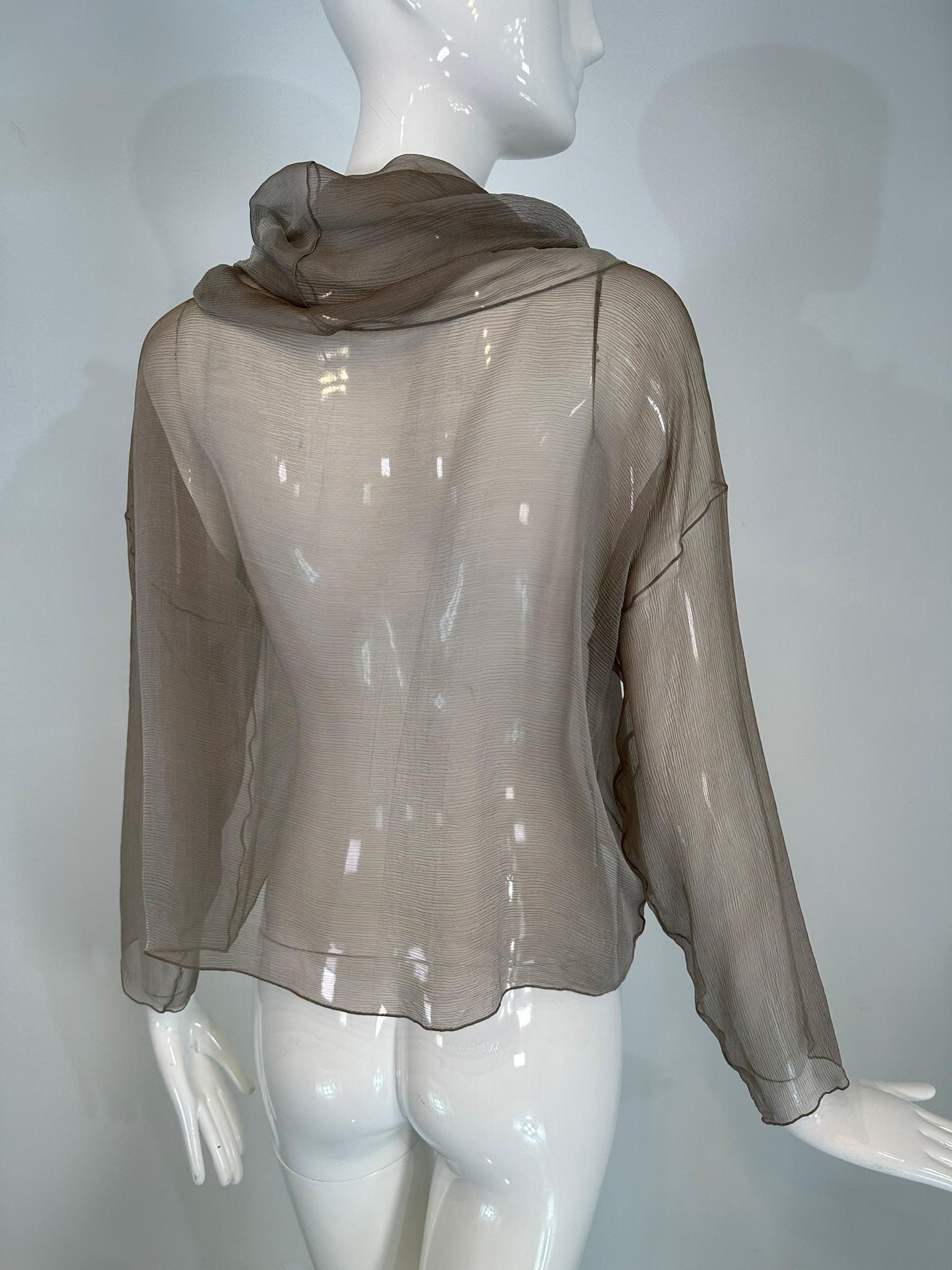 Zoran Vintage Silvery Taupe Sheer Silk Draped Turtle Neck Long Sleeve Top For Sale 2