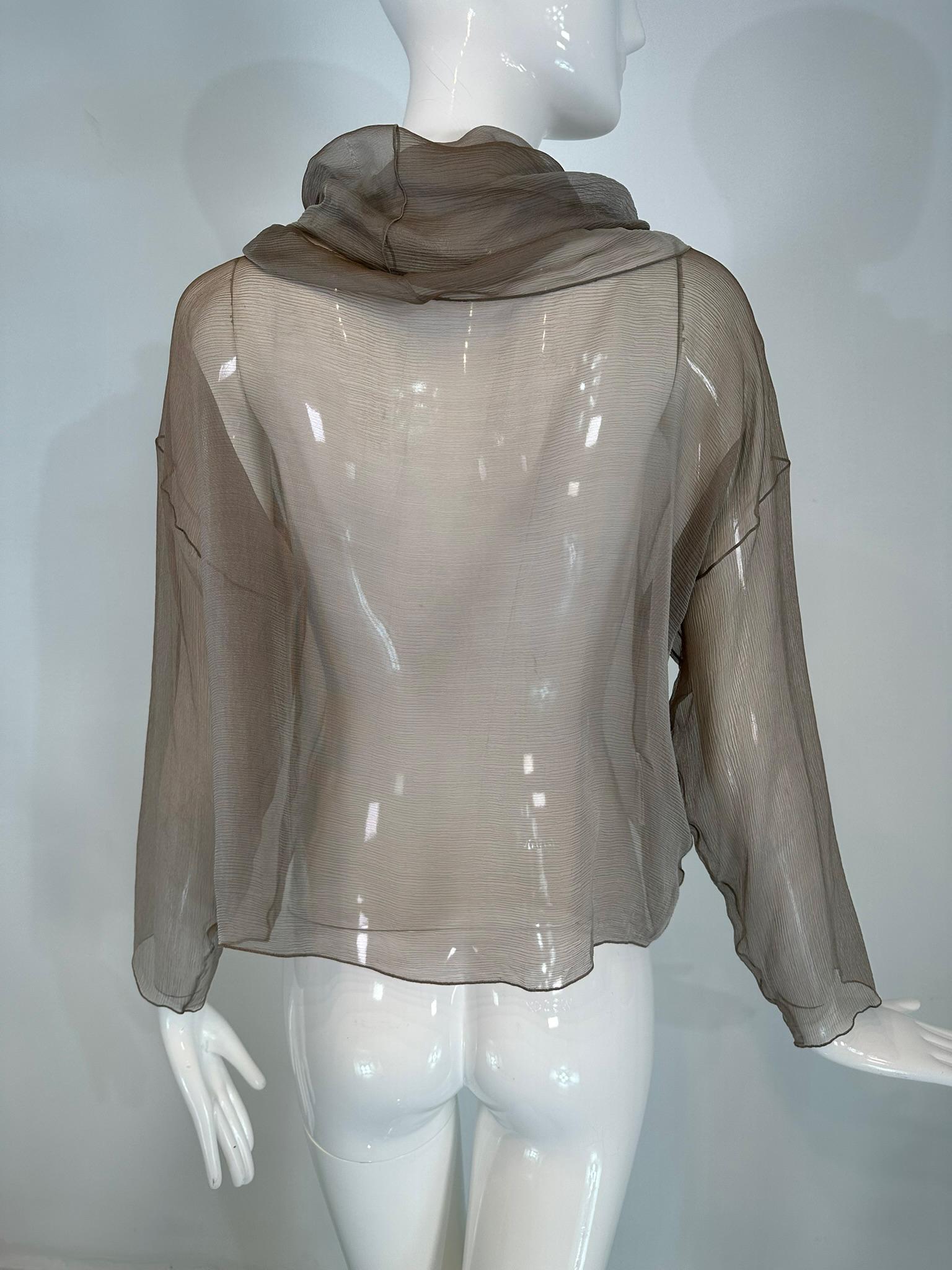 Zoran Vintage Silvery Taupe Sheer Silk Draped Turtle Neck Long Sleeve Top For Sale 3