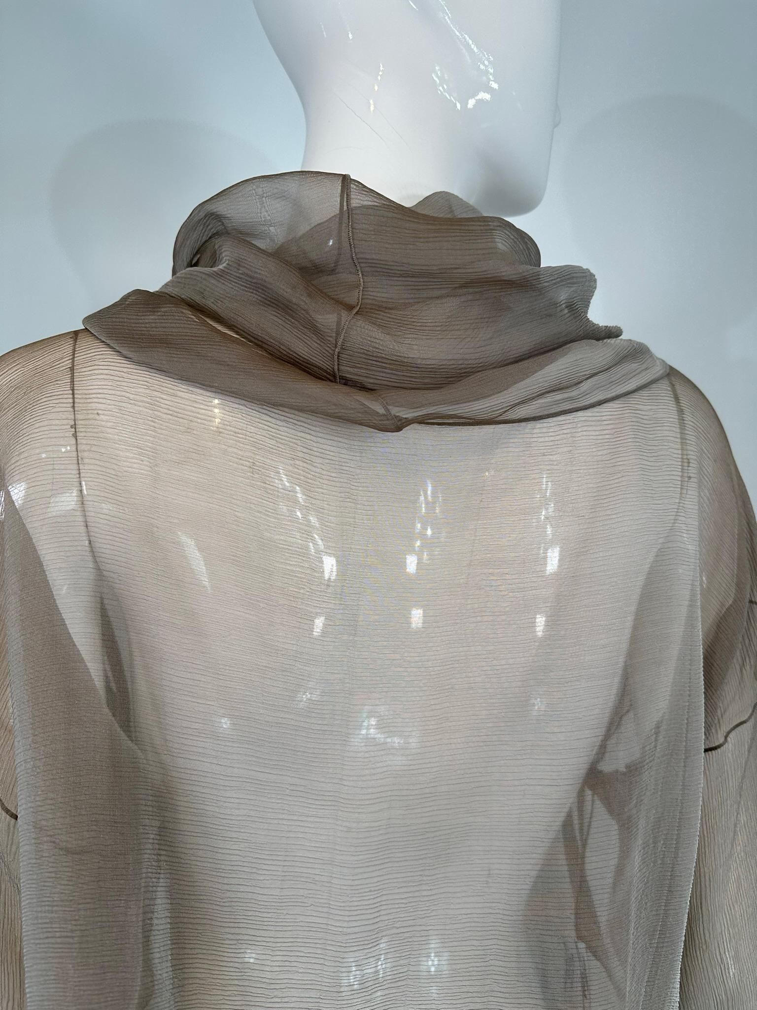 Zoran Vintage Silvery Taupe Sheer Silk Draped Turtle Neck Long Sleeve Top For Sale 4