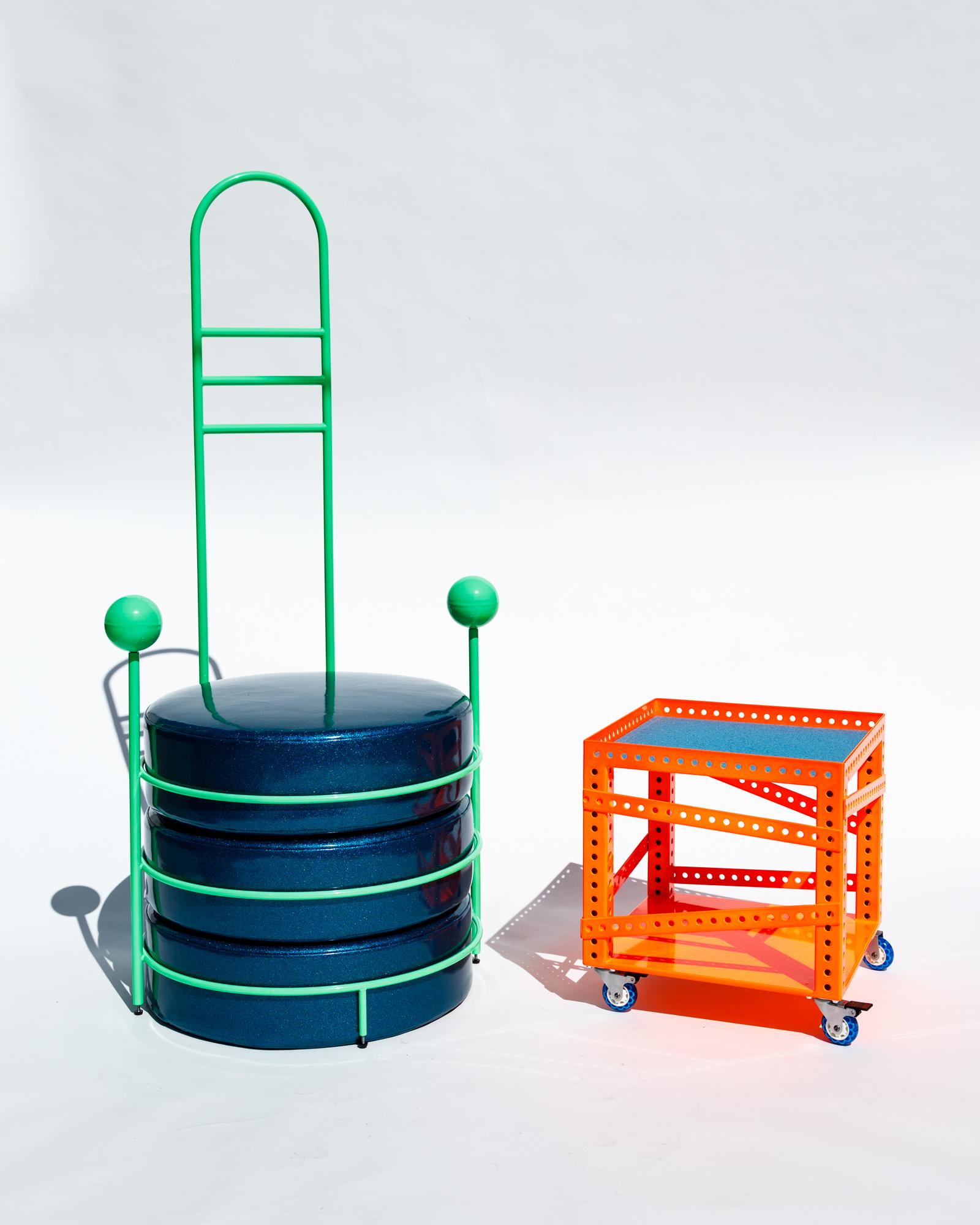 Zorg is a playful exploration of form and materiality, resulting in an extra-terrestrial
chair creature that may look imposing upon first glance due to the tall arched back and oversized ball arms. However upon closer look at the glitter vinyl