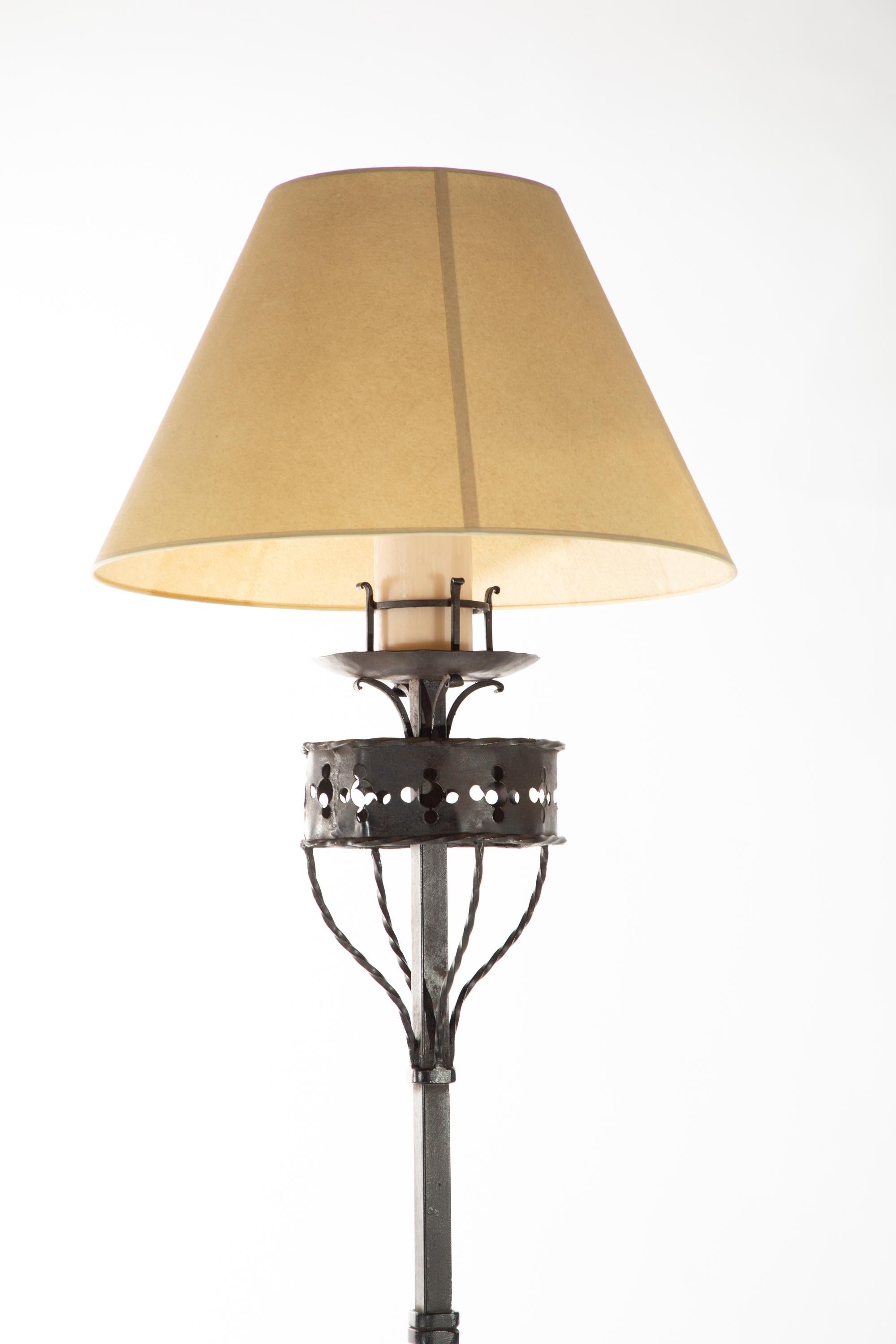 Old Iron finish Zoro floor lamp by Paul Ferrante.

2 light, 75w max per bulb

Includes lampshade