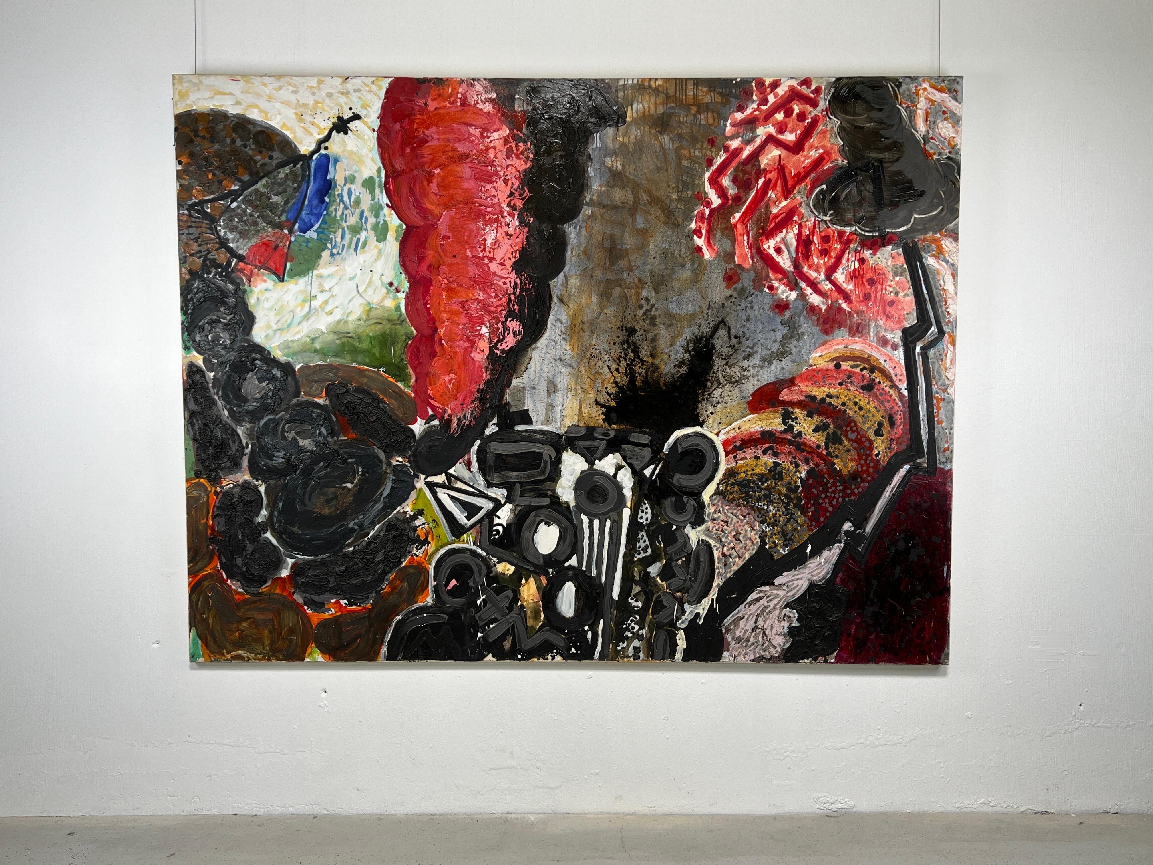 La peintre new-yorkaise Elizabeth Rosenblum (américaine née en 1954) superpose des images disparates pour former des motifs abstraits complexes dans sa toile de 1982 intitulée 