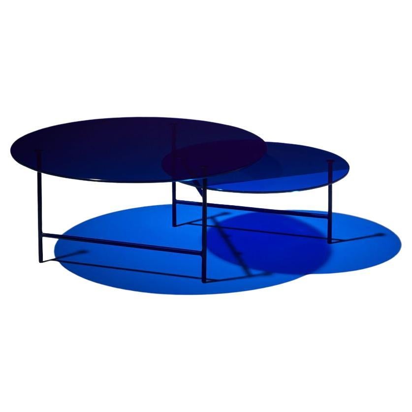 Zorro Coffee Table Mirror Blue Glass Tops Blue Textured Leg By La Chance For Sale