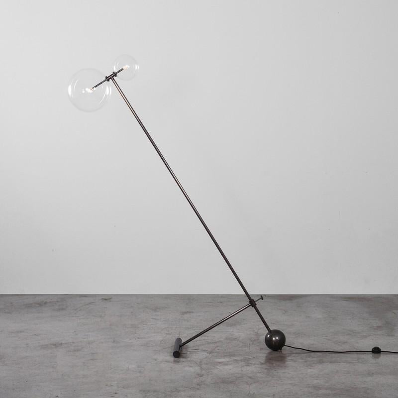 Black gunmetal contemporary floor lamp by Schwung
Dimensions: D 79 x W 35 x H 188 cm 
Materials: solid brass, hand-blown glass globes
Finish: black gunmetal
Available in finishes: Natural Brass or Polished Nickel. Also available in Table Lamp.
