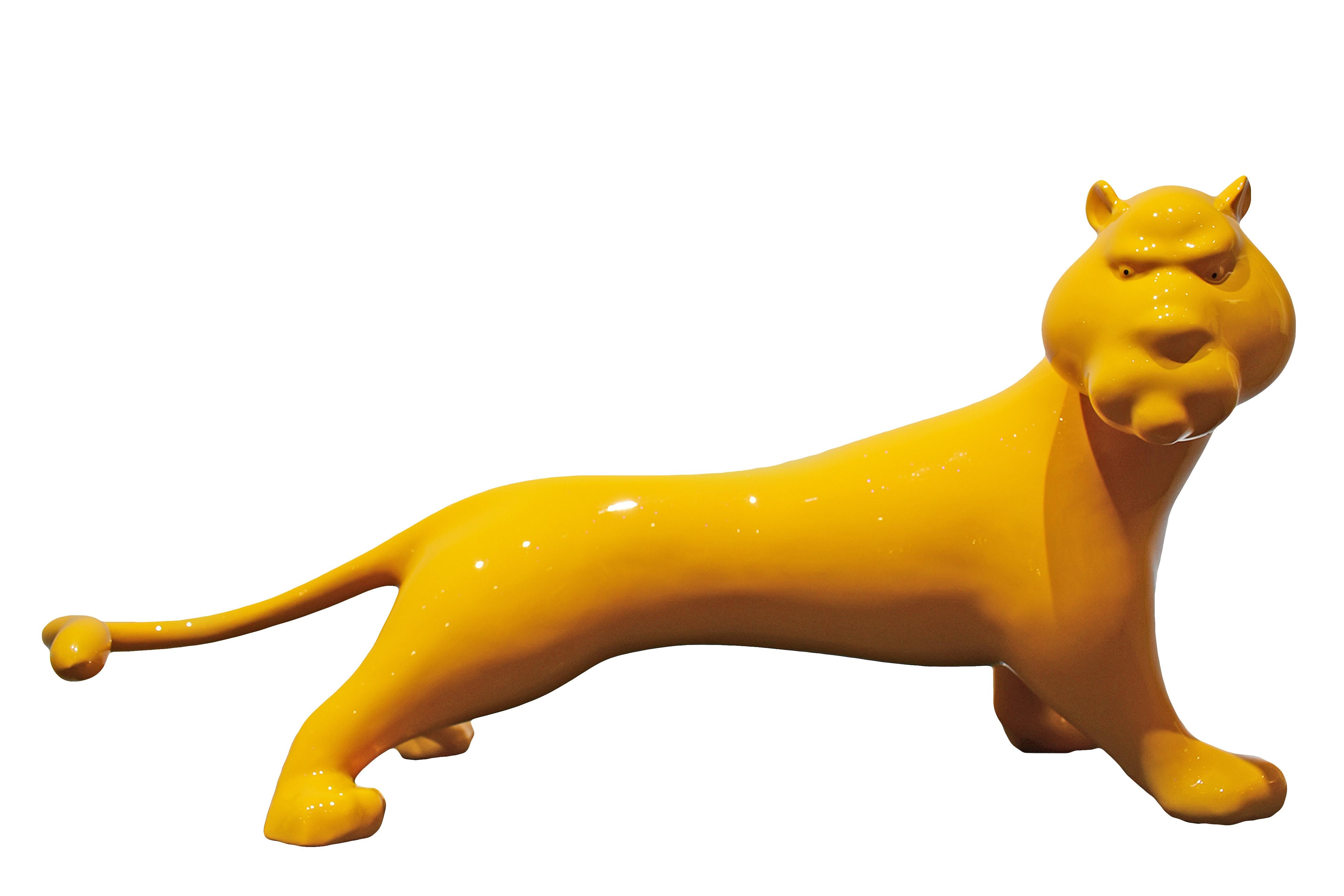 Zou Liang Still-Life Sculpture - Bronze Tiger Sculpture in Mustard Yellow. Limited edition. Ship Fast.