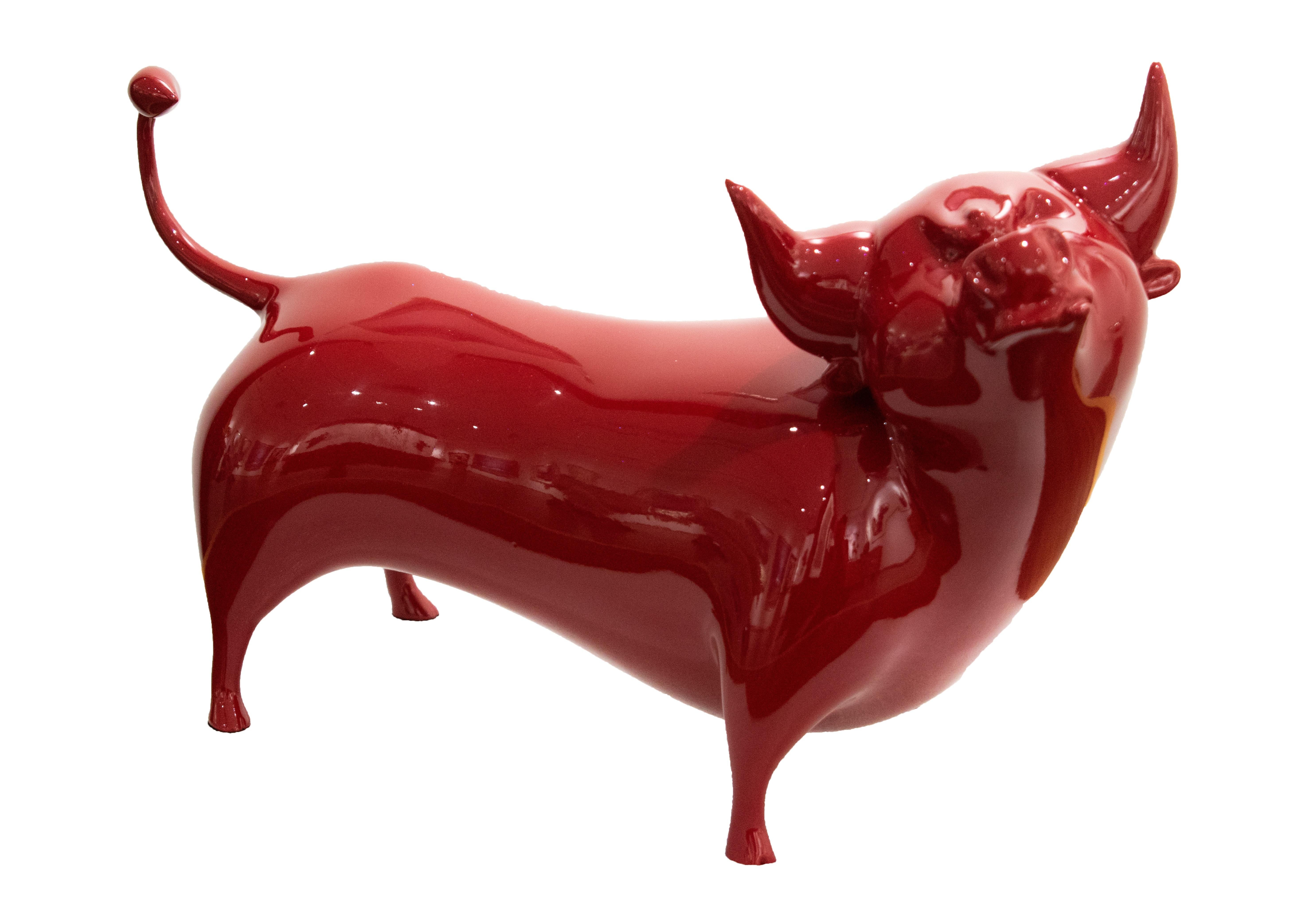 Zou Liang Figurative Sculpture - Chinese Zodiac Bull Sculpture in Majestic Red. Limited edition. Ship Fast.