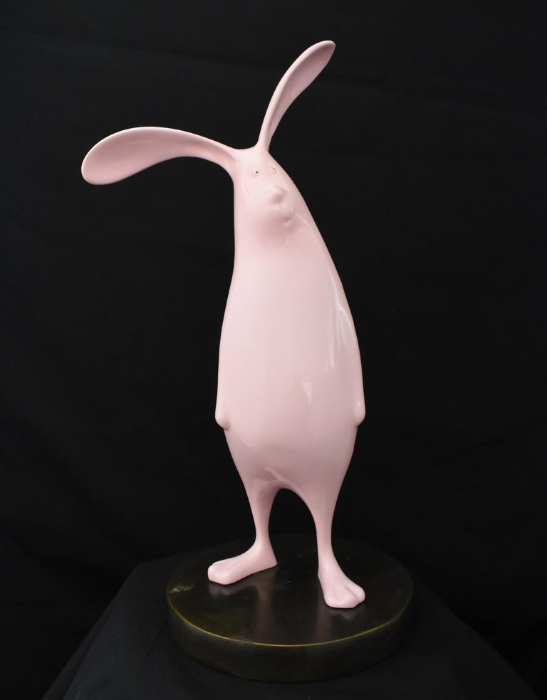 Chinese Zodiac Rabbit Sculpture in Pink. Limited edition available. Ship Fast. - Gold Figurative Sculpture by Zou Liang