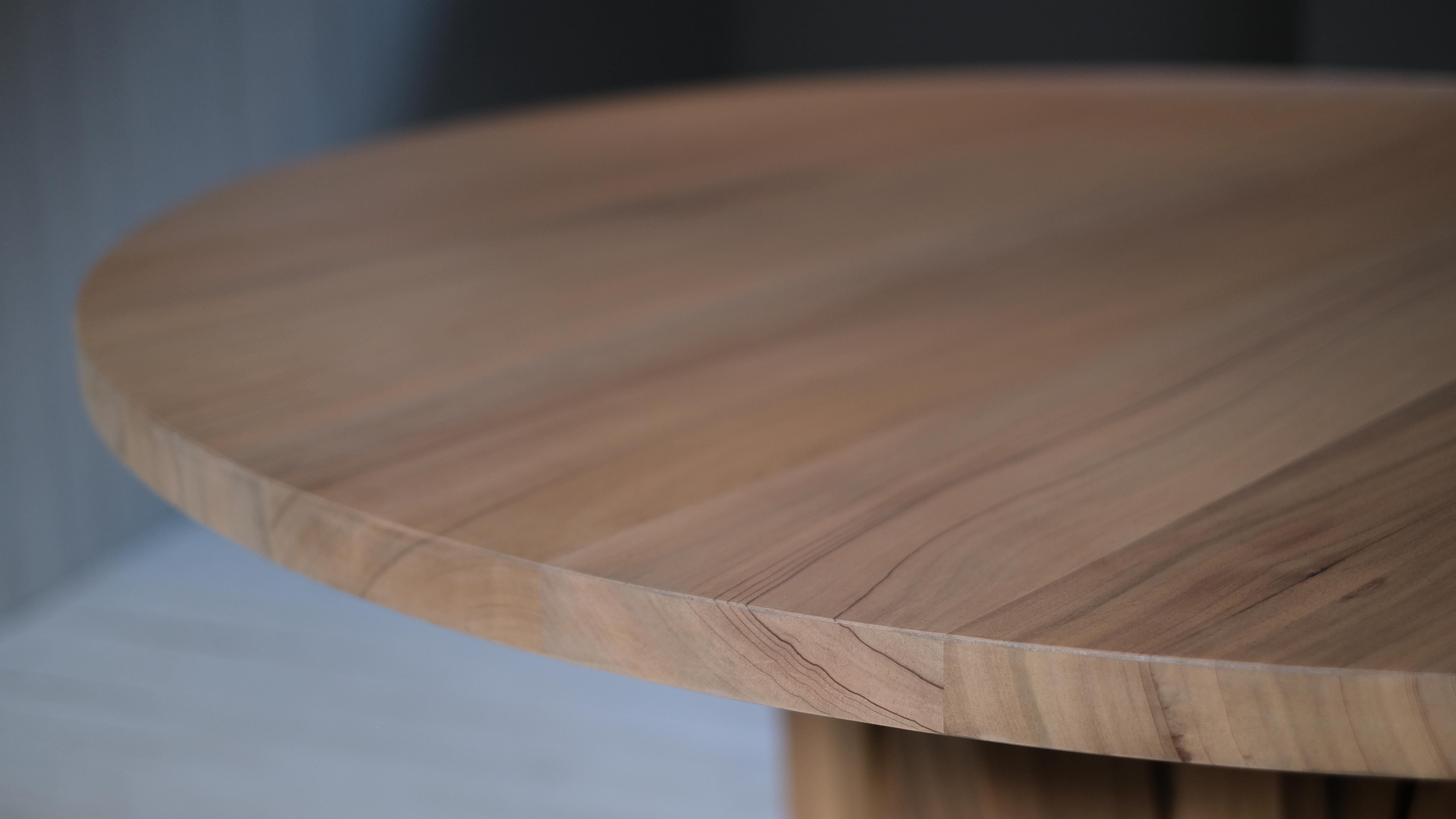 Belgian Natural African Walnut Round Table with Rectangular Beam Base by Arno Declercq For Sale