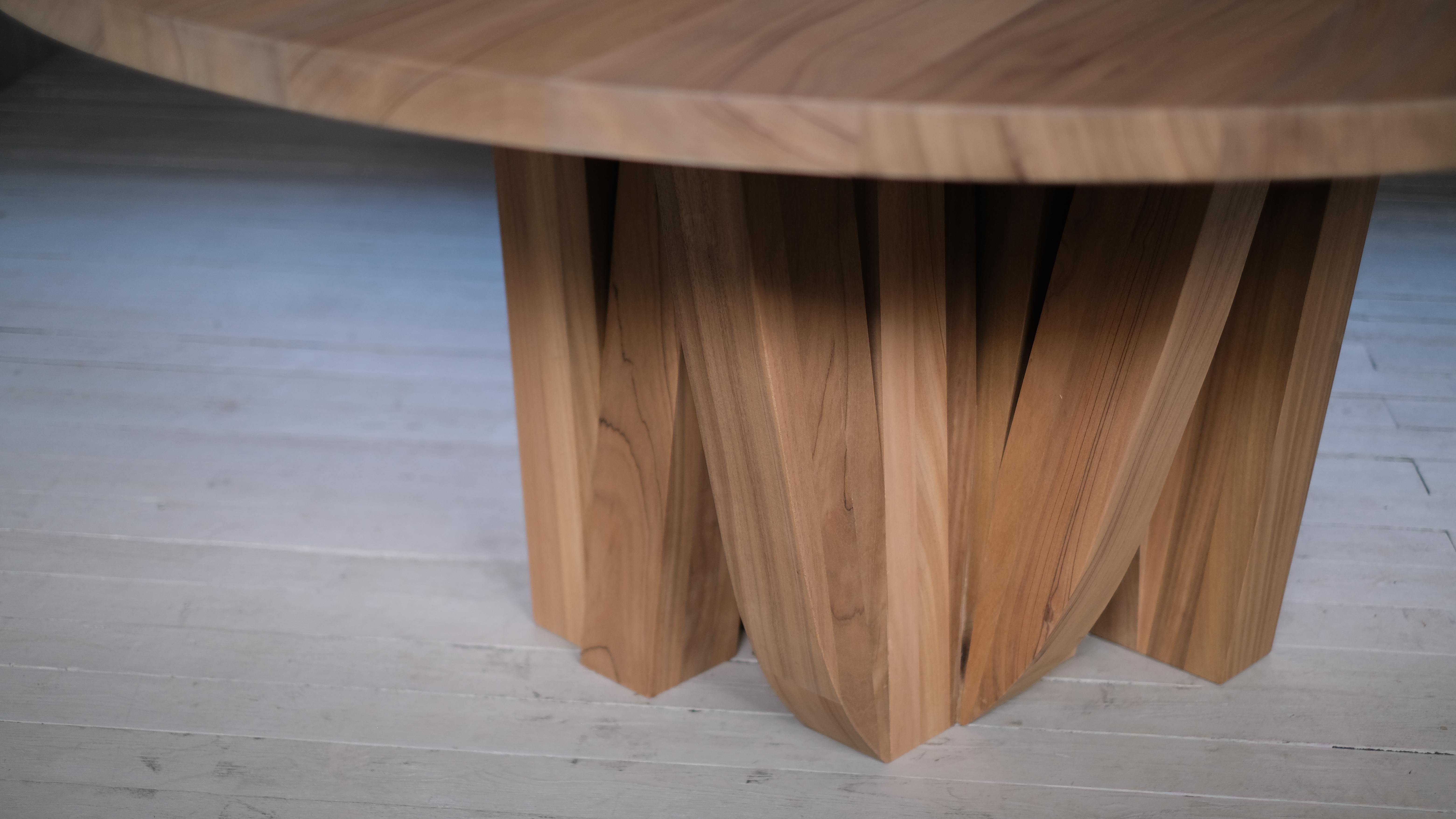 Contemporary Natural African Walnut Round Table with Rectangular Beam Base by Arno Declercq For Sale