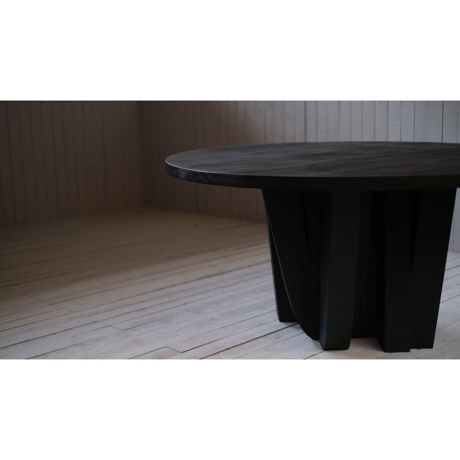 Belgian Burnt Iroko Wood Round Table with Rectangular Beam Base by Arno Declercq For Sale