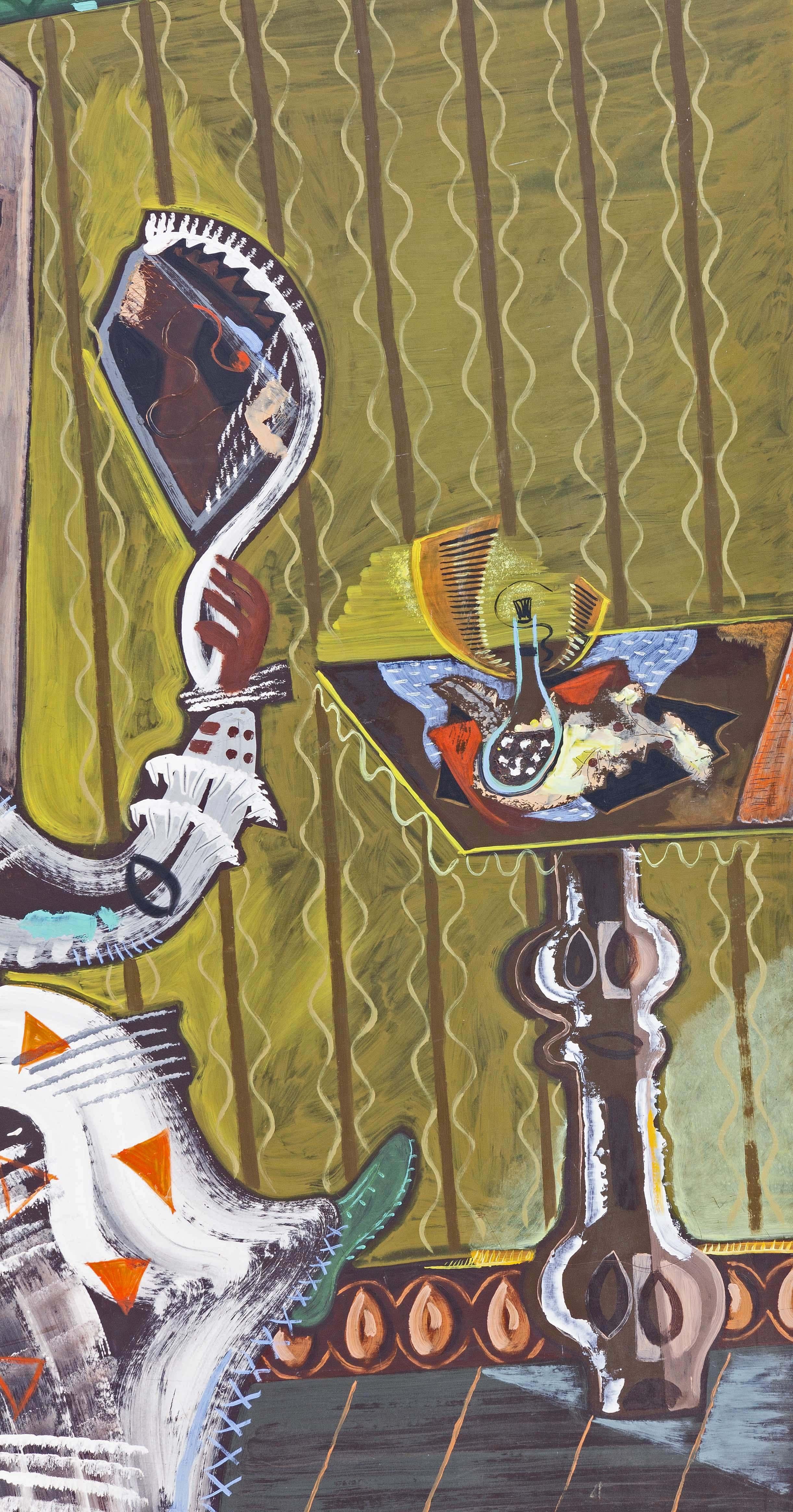 Abstraktes Ölgemälde der amerikanischen Moderne, Ölgemälde „Dressing for the Party“ von Zoute  1951 (Braun), Figurative Painting, von Zoute (Leon Salter)
