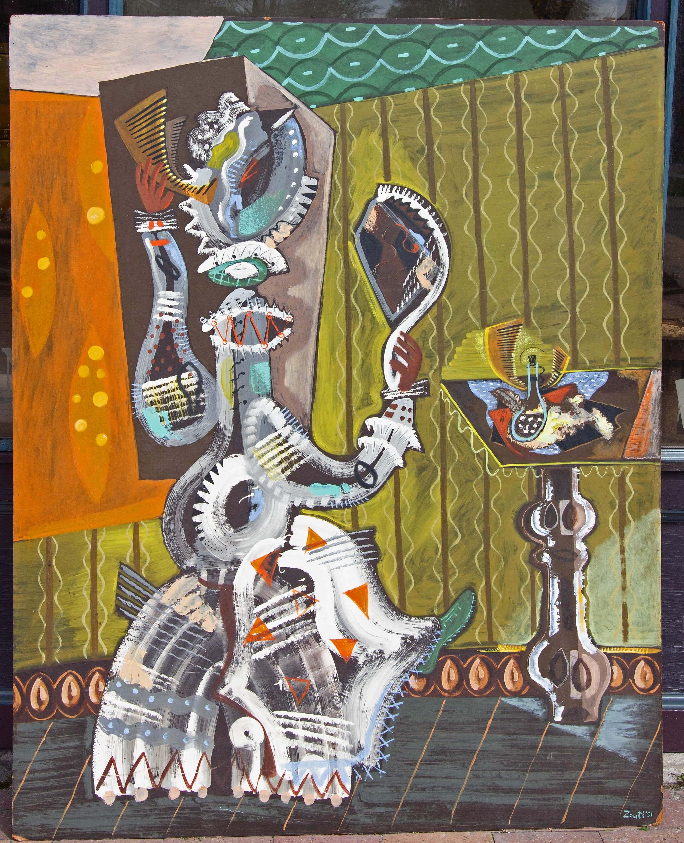 Peinture à l'huile moderniste abstraite de Zoute datée de 1951. Huile sur Masonite.  Je crois que le sujet du tableau est la femme de l'artiste, Thelma Salter. Zoute s'est presque exclusivement servi de lui-même et de sa femme comme modèles. Peint