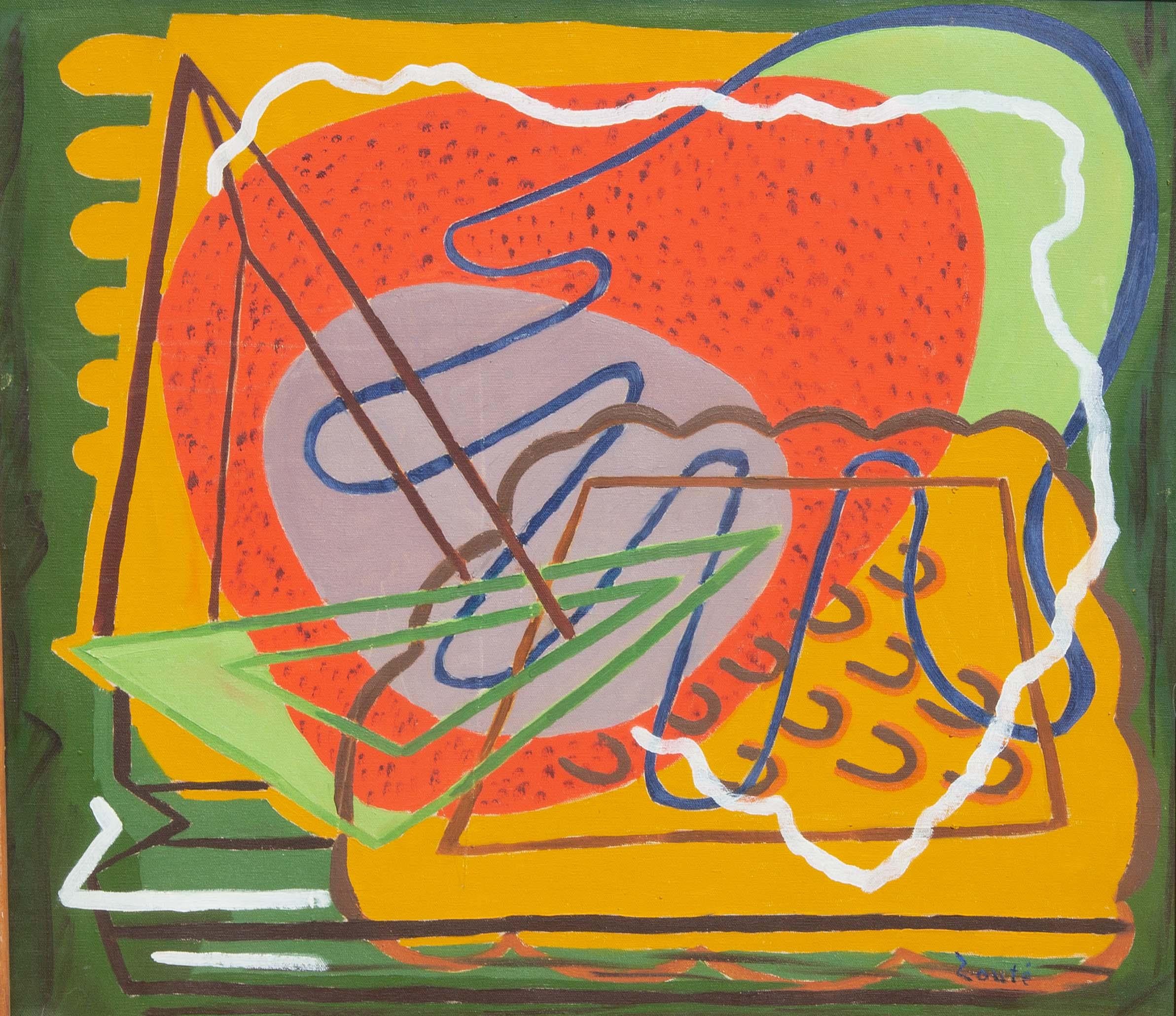 Abstraktes modernistisches Ölgemälde von Zoute. Öl auf Leinwand auf Karton montiert. Gemalt etwa in den 1940er Jahren.
Zoute (geboren als Leon Salter, 1903-1976) war Autodidakt und wurde zu Lebzeiten viel ausgestellt. Er malte von 1940-1954