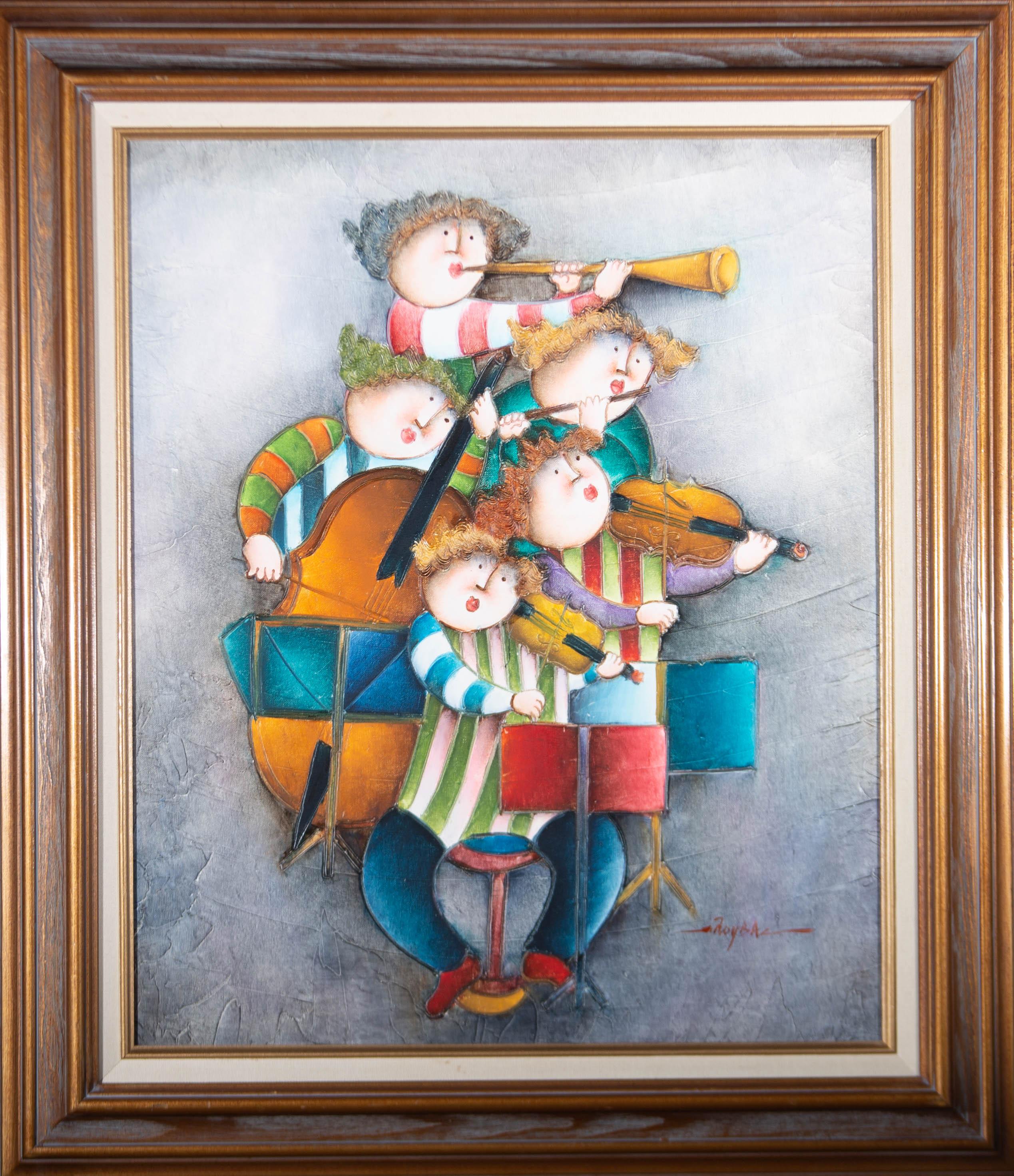A vibrant, fun filled oil in a contemporary, naive style showing a quartet mid performance, wearing brightly striped clothing. The painting has been signed in the lower right corner and presented in a substantial, contemporary wood frame with linen
