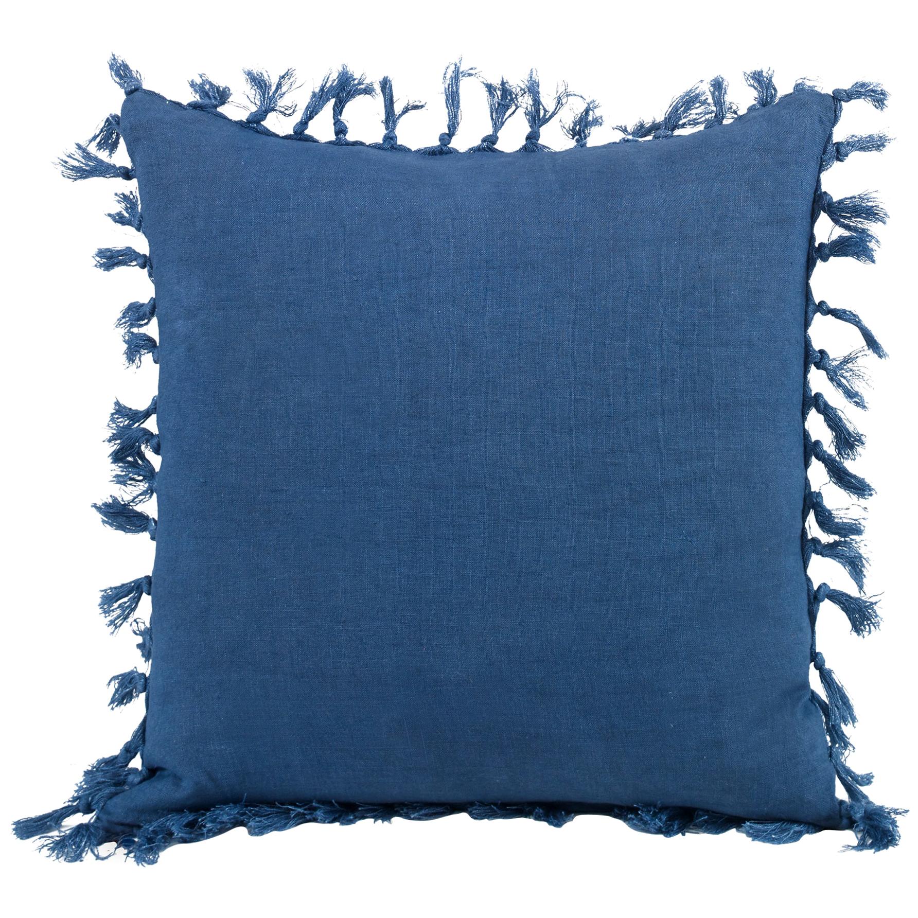 Blue (QR-19255.NAVY.0) Zoysia Linen Decorative Accent Pillow with Fringe by CuratedKravet