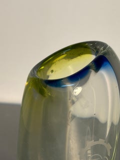ZPS Clear and Green Art Glass Vase with Abstract Etched Design