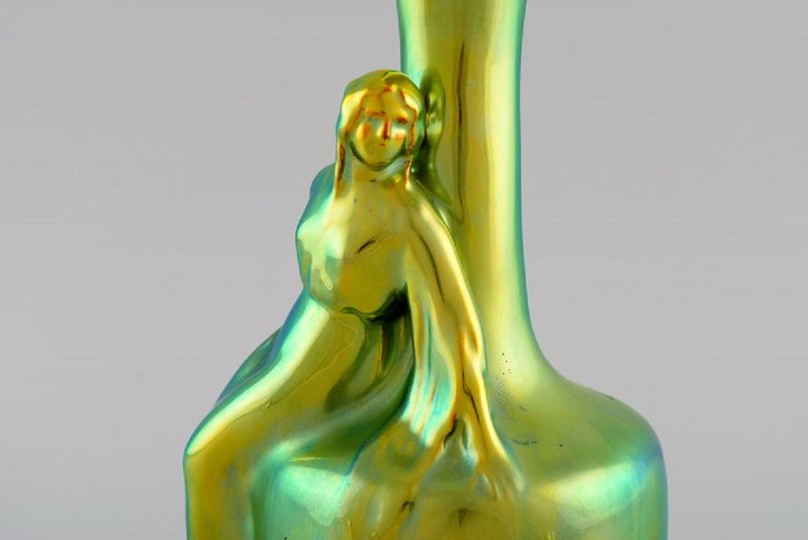 Zsolnay Art Nouveau Vase in Glazed Ceramics Modelled with a Sitting Woman In Excellent Condition For Sale In Copenhagen, DK