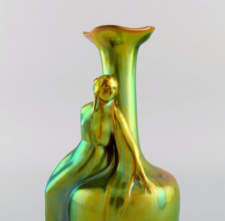 Zsolnay Art Nouveau Vase in Glazed Ceramics Modelled with Sitting Woman In Excellent Condition For Sale In Copenhagen, DK