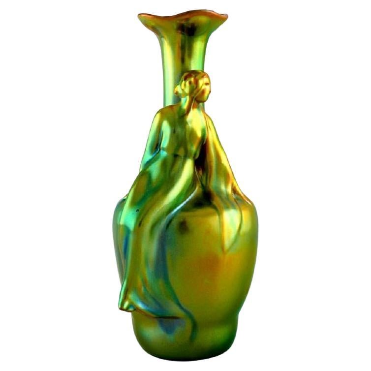 Zsolnay Art Nouveau Vase in Glazed Ceramics Modelled with Sitting Woman For Sale