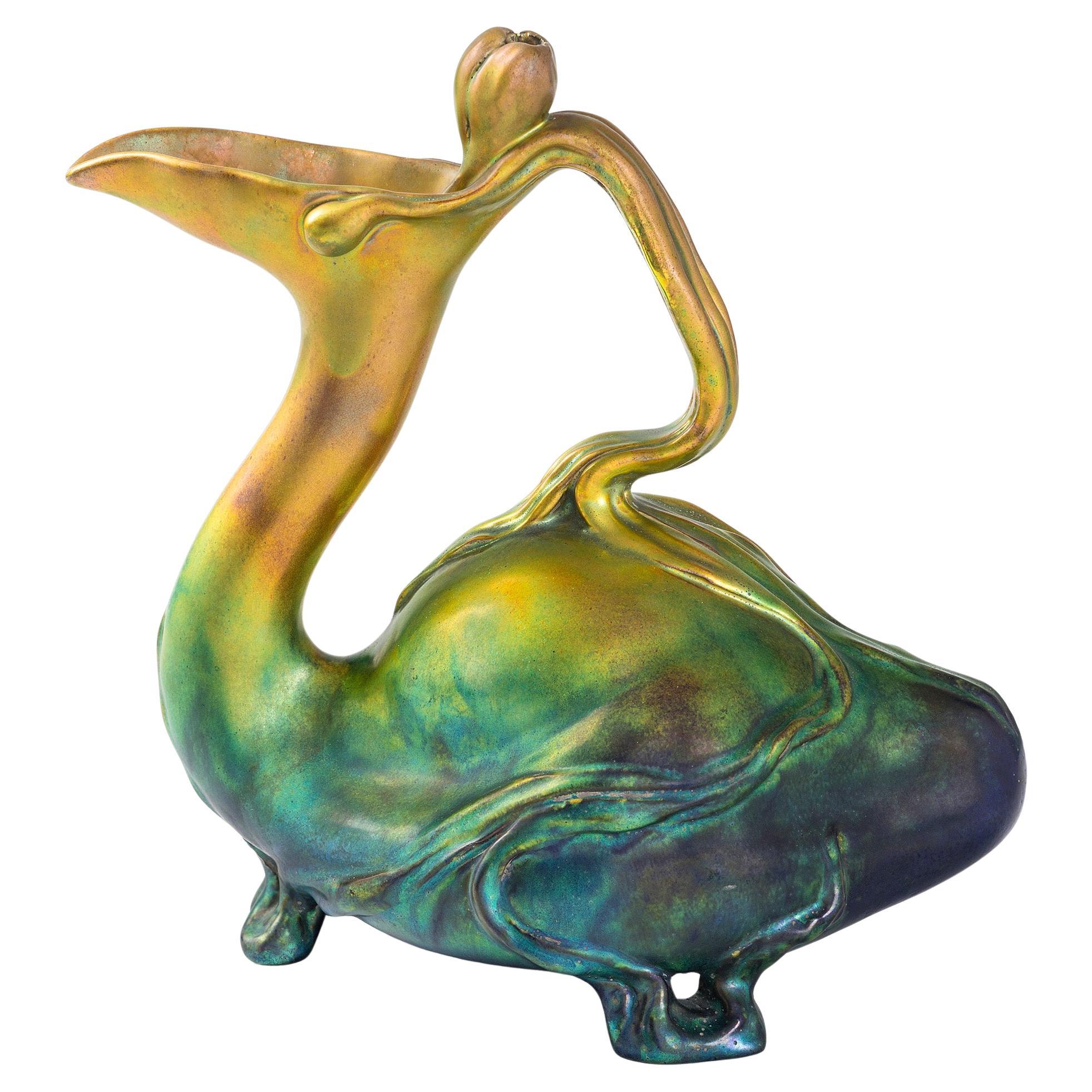 Zsolnay "Bird and Tulip" Glazed Ceramic Ewer For Sale