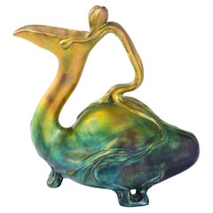 Antique Zsolnay "Bird and Tulip" Glazed Ceramic Ewer