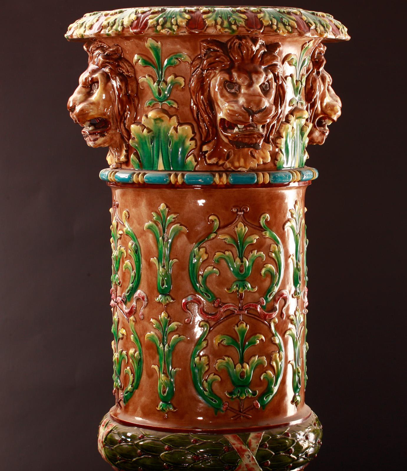 Art Nouveau Zsolnay Historical Pedestal With Lion Decor For Sale