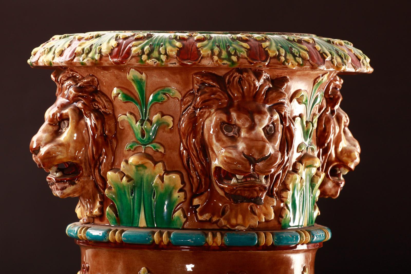 Hungarian Zsolnay Historical Pedestal With Lion Decor For Sale