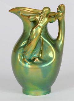 Zsolnay Ungarischer Jugendstil Eosin glasiert Figuraler Krug zum Sammeln von Stöcken