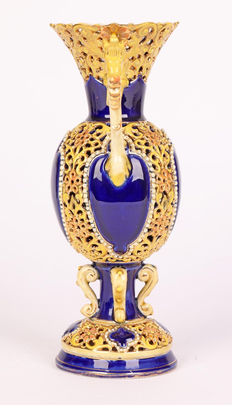 Zsolnay Hungarian Floral Reticulated Porcelain Vase with Cobalt Blue