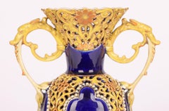 Zsolnay Hungarian Floral Reticulated Porcelain Vase with Cobalt Blue Panels