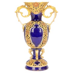 Zsolnay Hungarian Floral Reticulated Porcelain Vase with Cobalt Blue Panels
