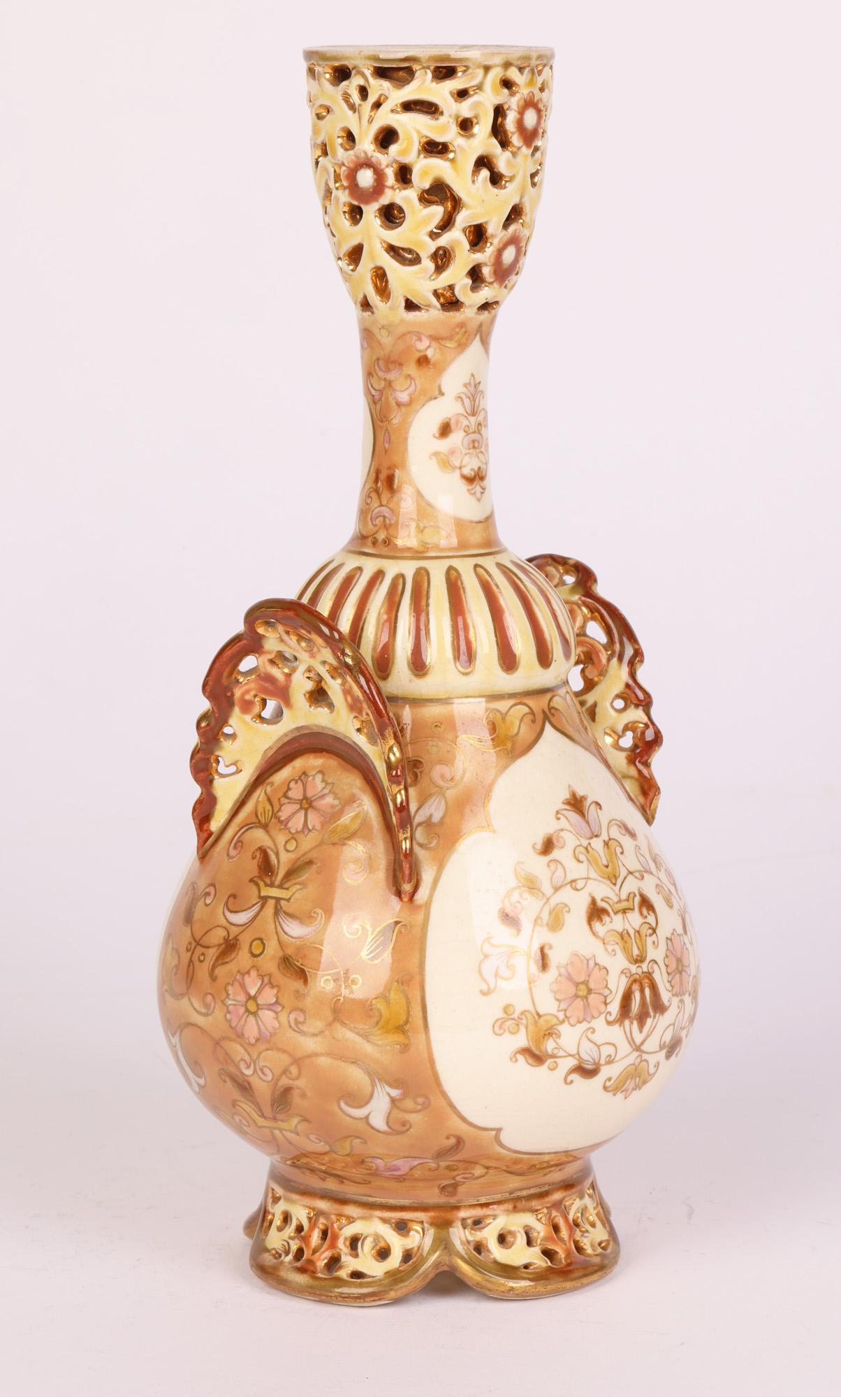 Zsolnay Hungarian Islamic Influence Floral Painted Porcelain Vase For Sale 6