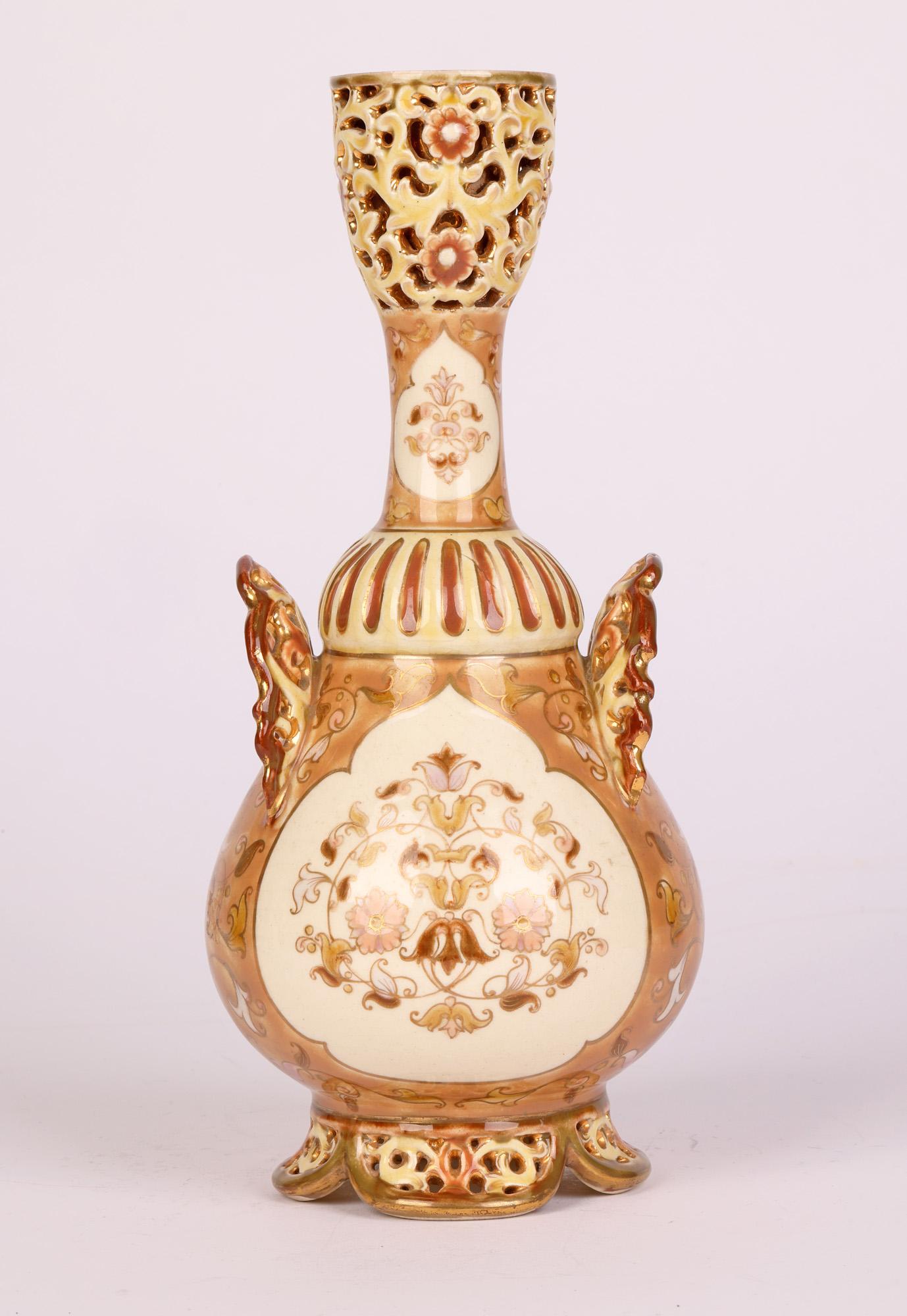 Zsolnay Hungarian Islamic Influence Floral Painted Porcelain Vase In Good Condition For Sale In Bishop's Stortford, Hertfordshire