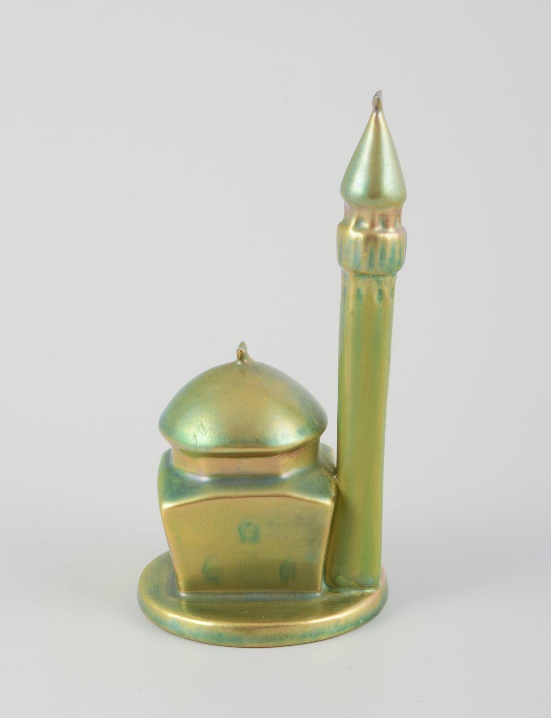 PRE-OWNED GOODS ARE EXEMPT FROM IMPORT TARIFFS FOR U.S., UK, AUSTRALIAN & CANADIAN CUSTOMERS.   
THEREFORE, NO IMPORT TARIFFS WILL BE APPLICABLE TO YOUR PURCHASE. 

Zsolnay, Hungary.
Ceramic sculpture in the shape of a minaret.
Eosin