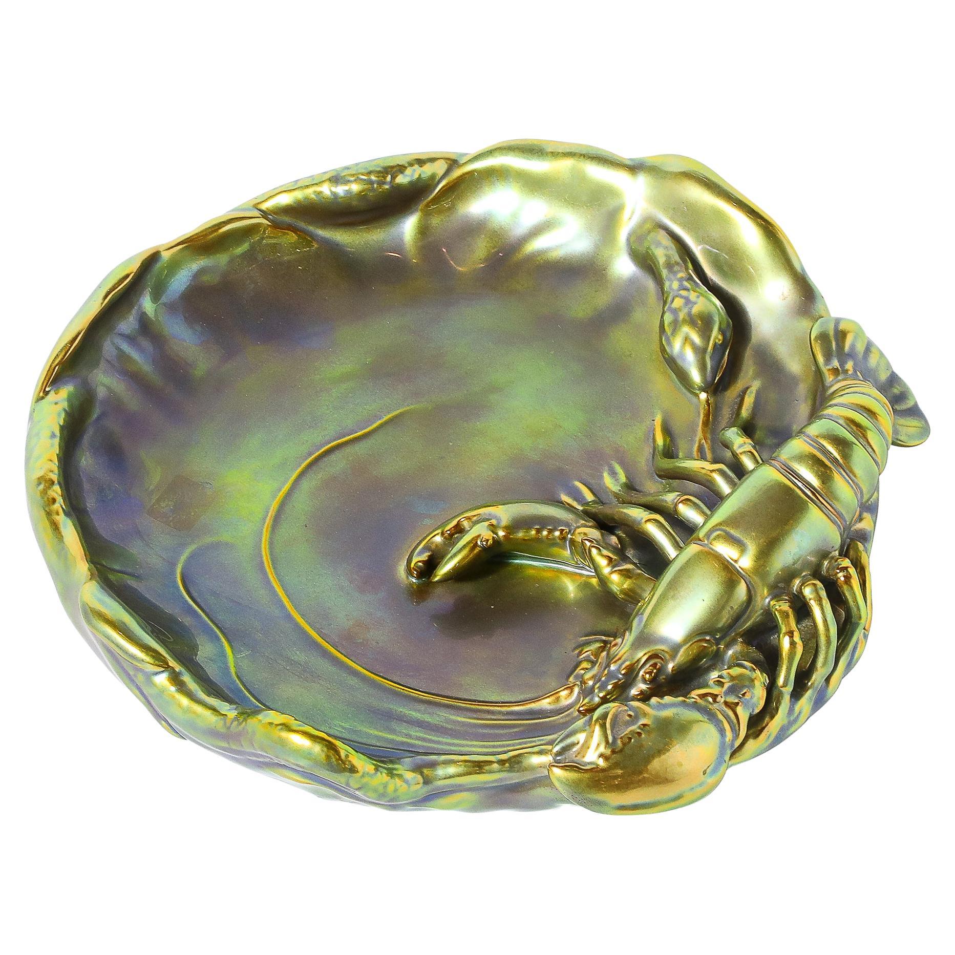 Zsolnay Hungary Eosin Iridescent Green Gold Lobster & Snake Hand Painted Dish
