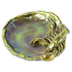 Zsolnay Hungary Eosin Iridescent Green Gold Lobster & Snake Hand Painted Dish Zsolnay Hungary Eosin Iridescent Green Gold Lobster & Snake Hand Painted Dish