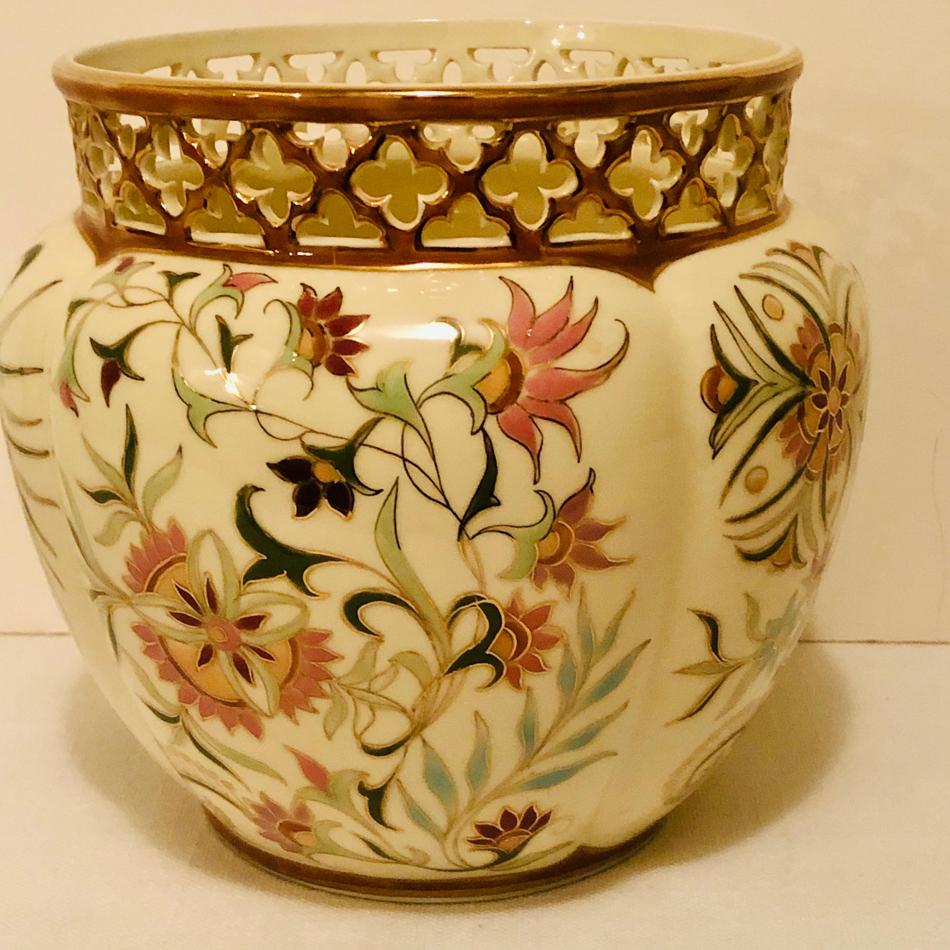 Other Zsolnay Jardiniere with Reticulated Top and Wonderful Colorful Decoration