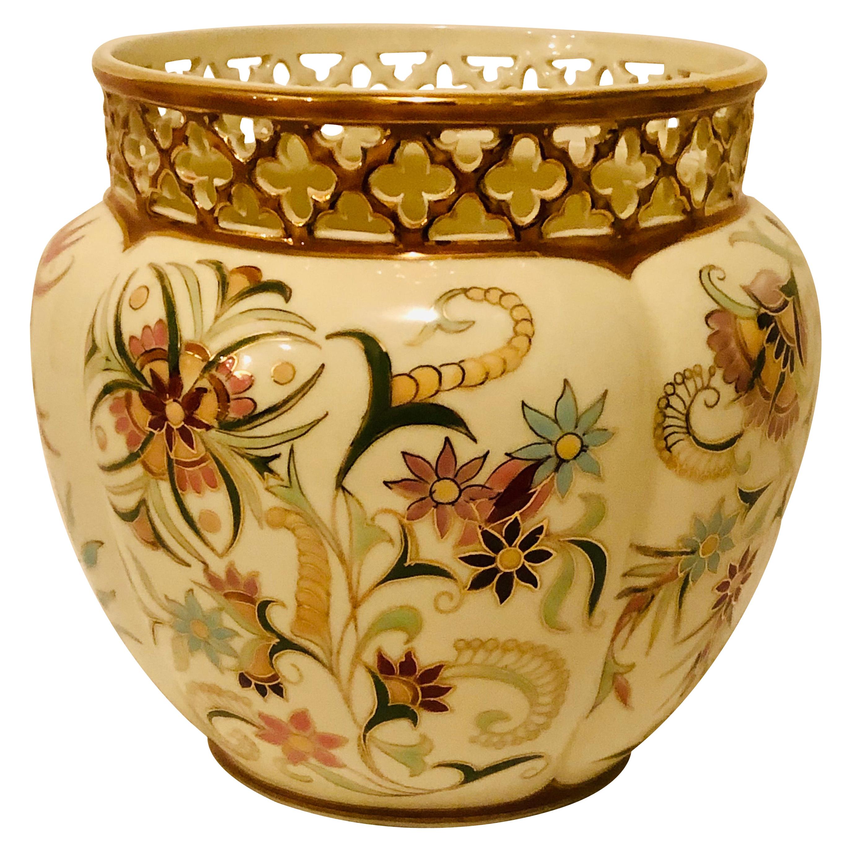 Zsolnay Jardiniere with Reticulated Top and Wonderful Colorful Decoration