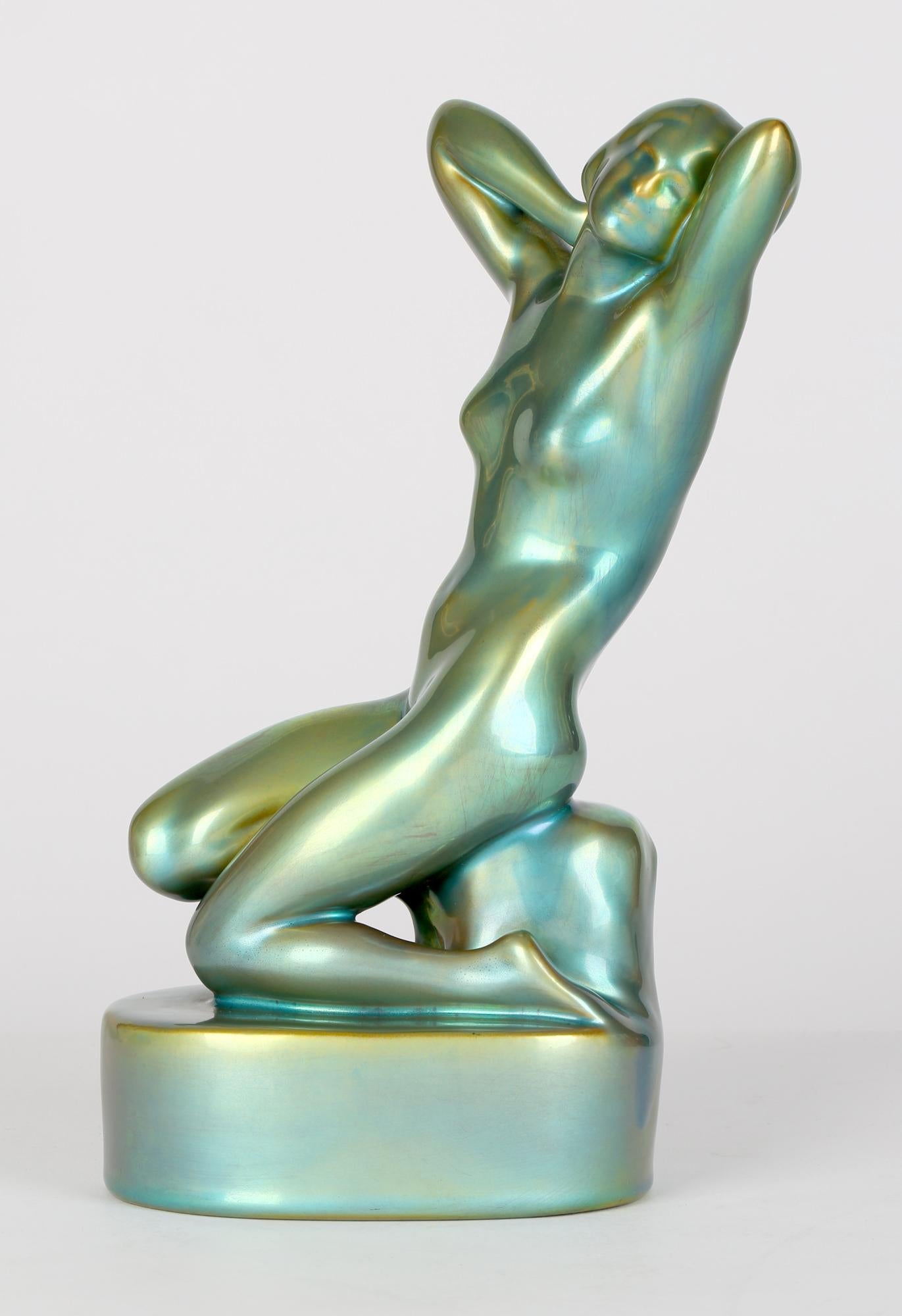 Zsolnay Pecs Art Deco Eosin Metallic Green Glazed Nude Figurine For Sale 3