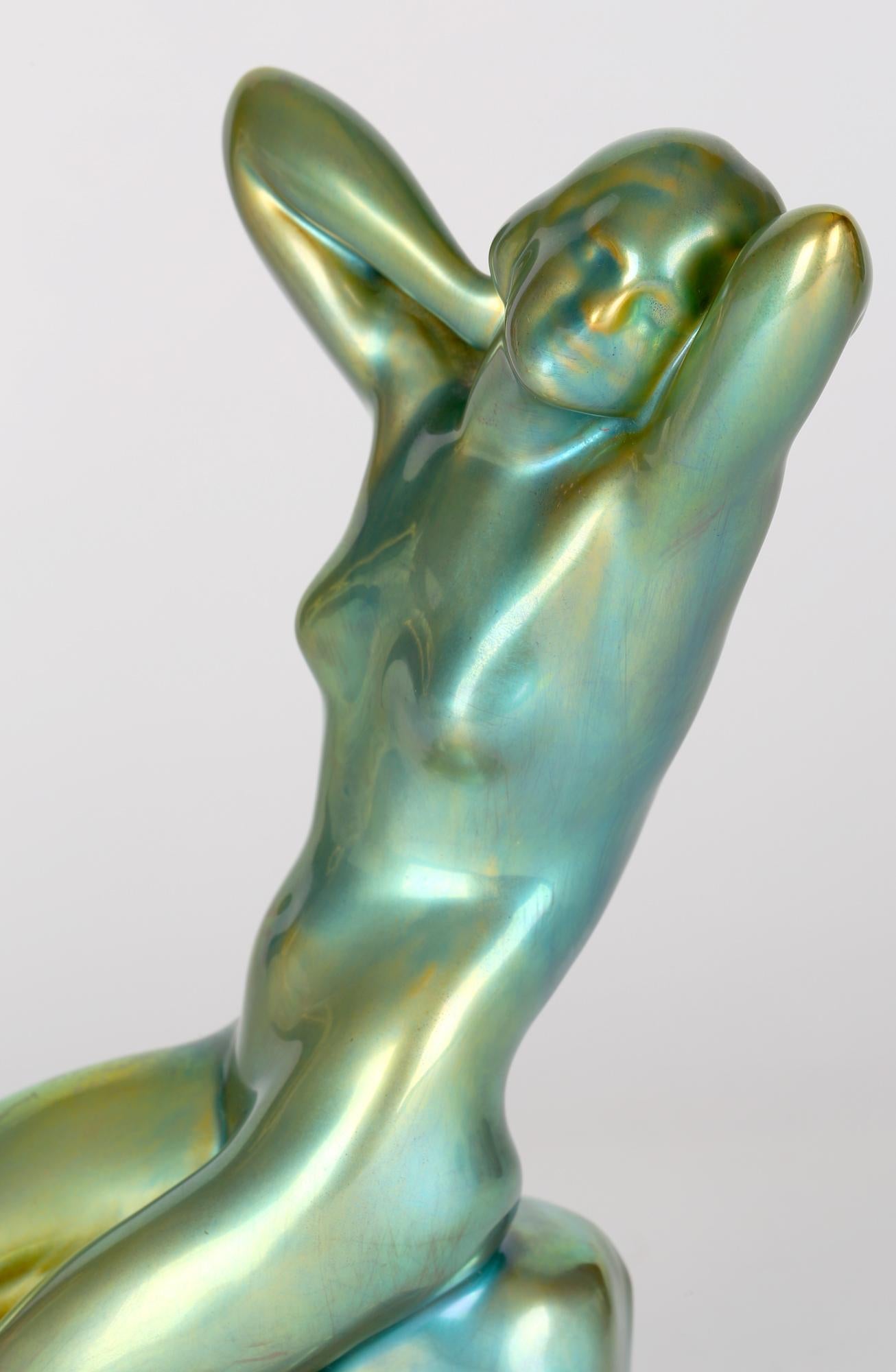 Zsolnay Pecs Art Deco Eosin Metallic Green Glazed Nude Figurine For Sale 7