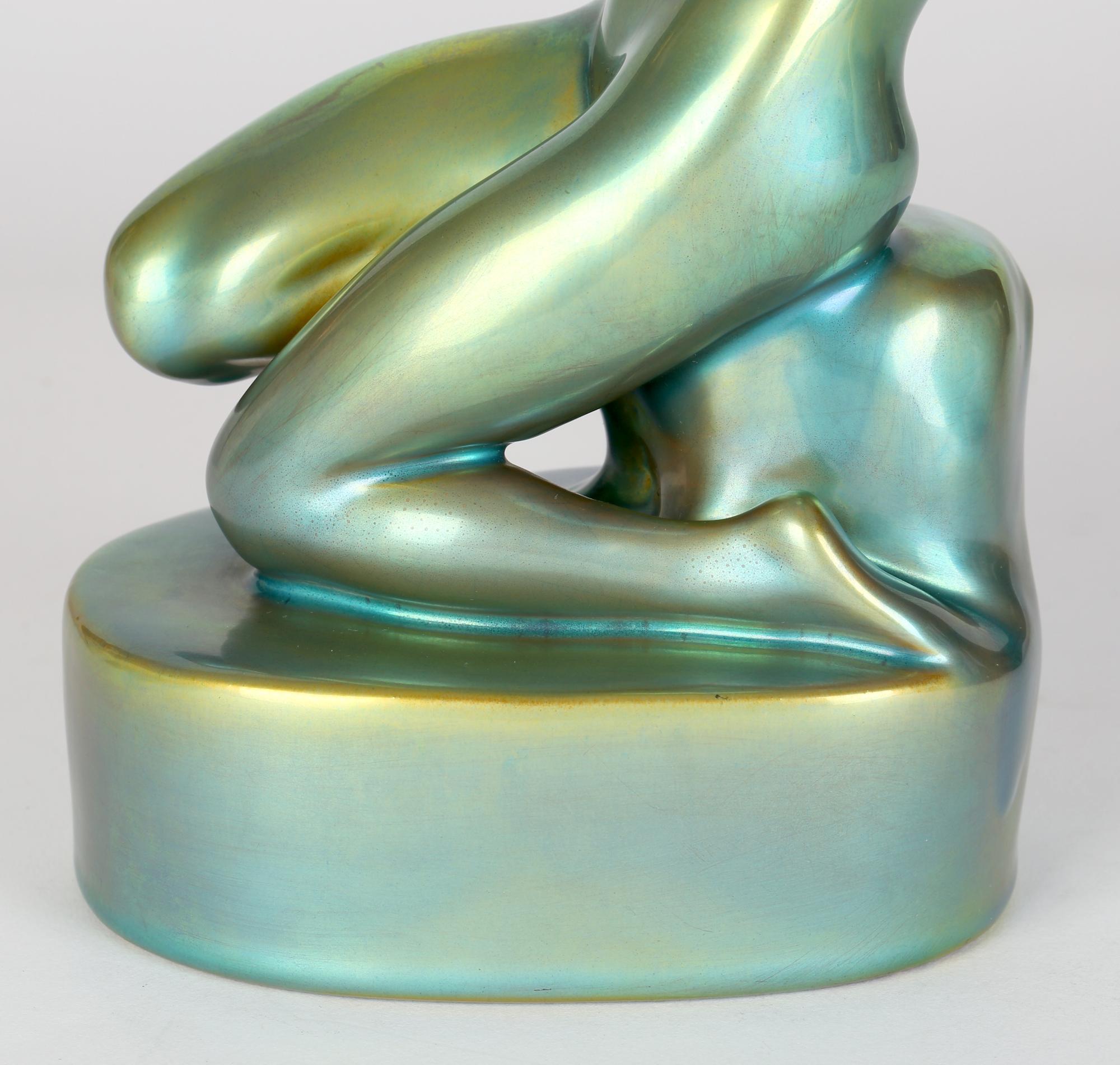 Zsolnay Pecs Art Deco Eosin Metallic Green Glazed Nude Figurine For Sale 8